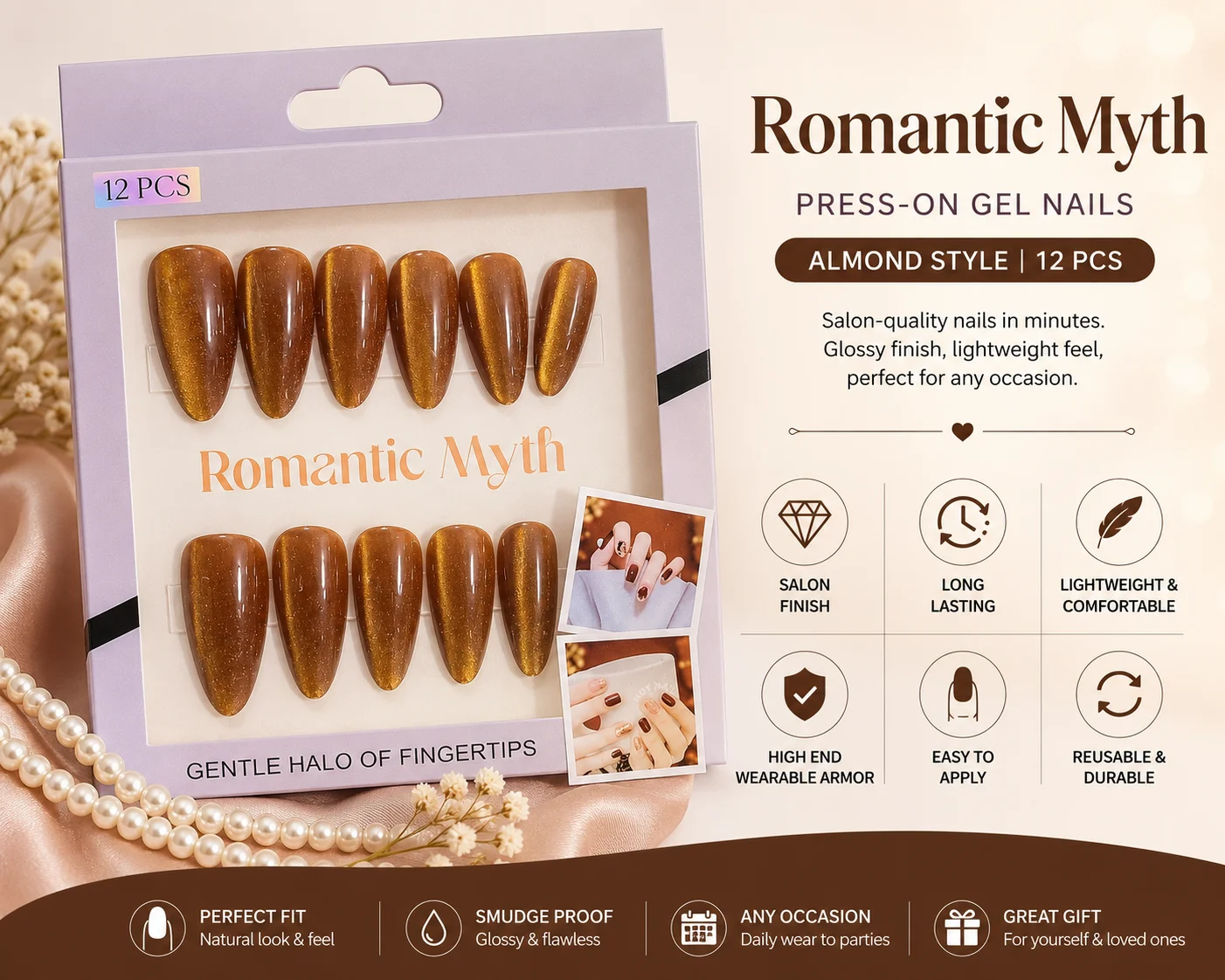 Romantic Myth Cat Eye Press-On Gel Nails – Almond Shape
