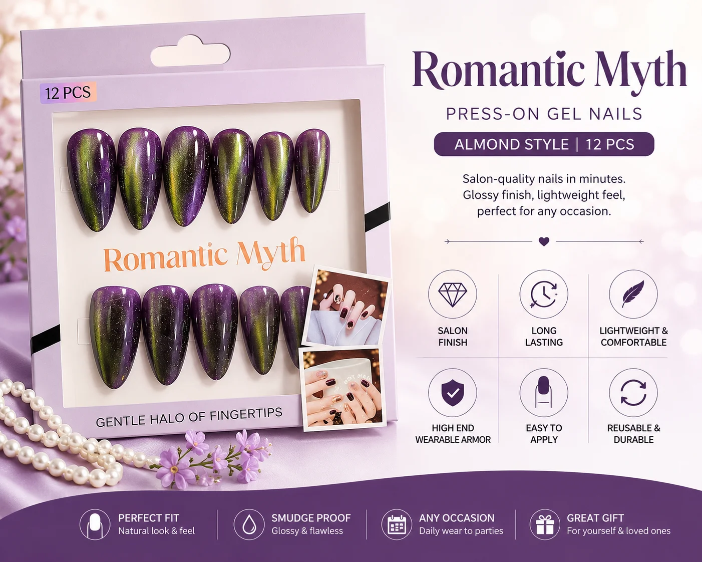 Romantic Myth Cat Eye Press-On Gel Nails – Almond Shape