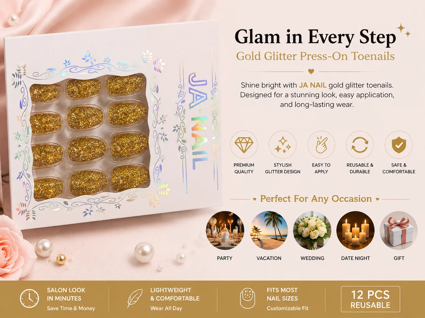 NAIL Glitter Press-On Nails Set – Gold, Silver & White Sparkle