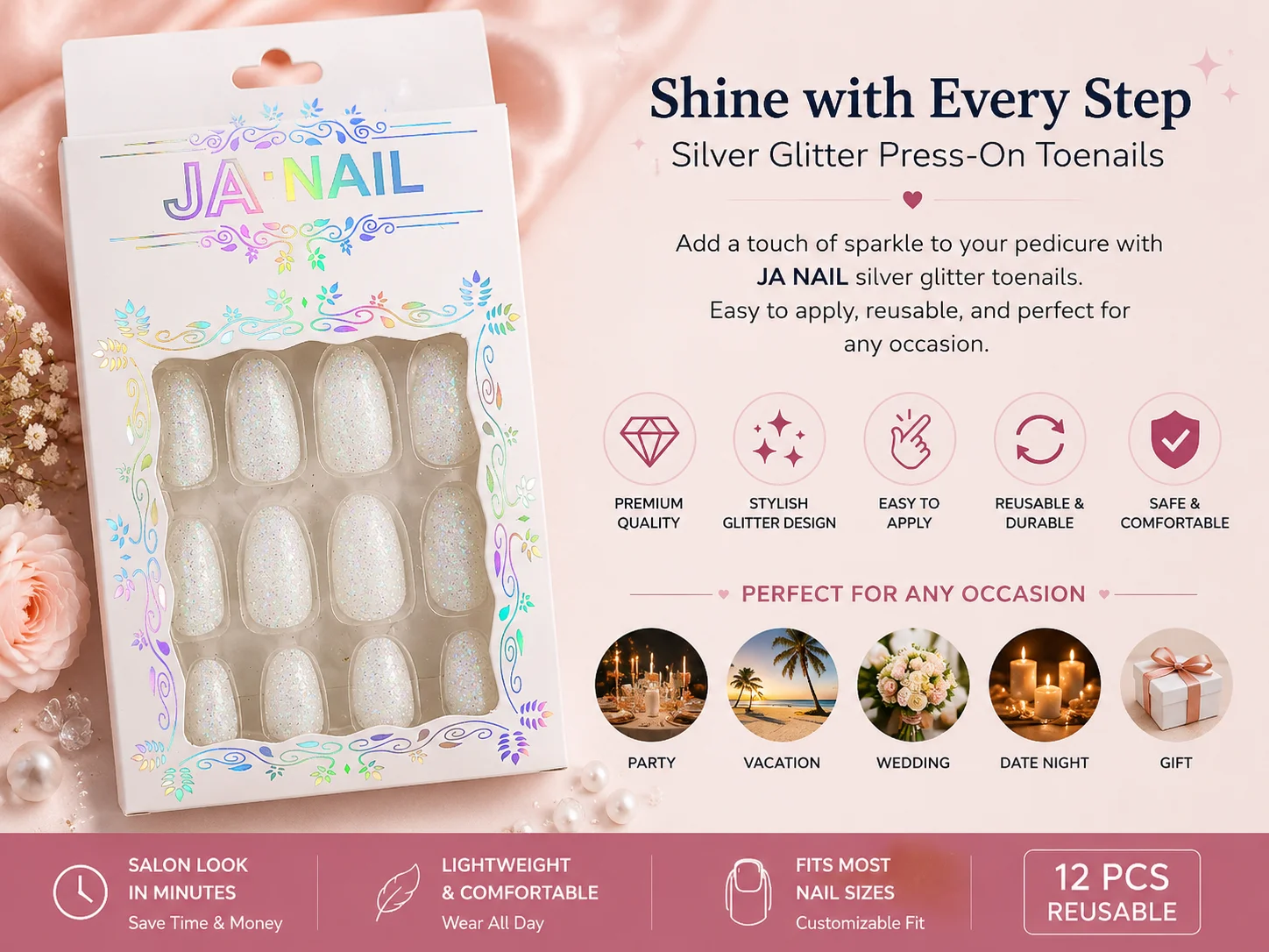 NAIL Glitter Press-On Nails Set – Gold, Silver & White Sparkle