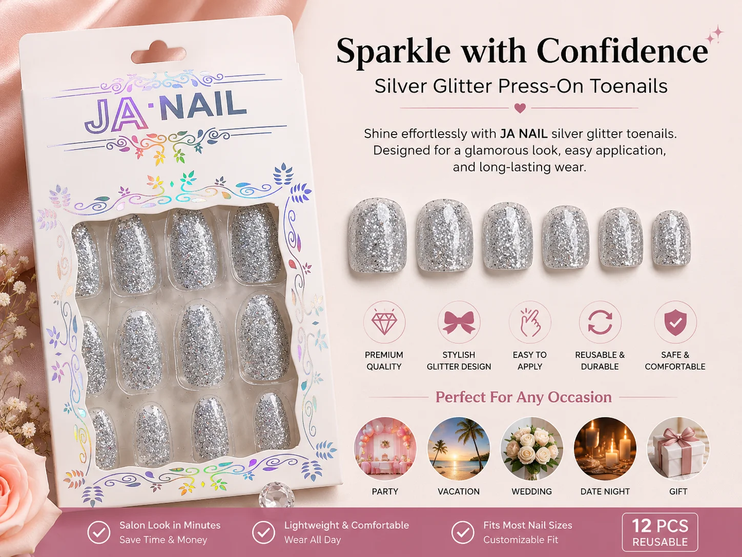 NAIL Glitter Press-On Nails Set – Gold, Silver & White Sparkle