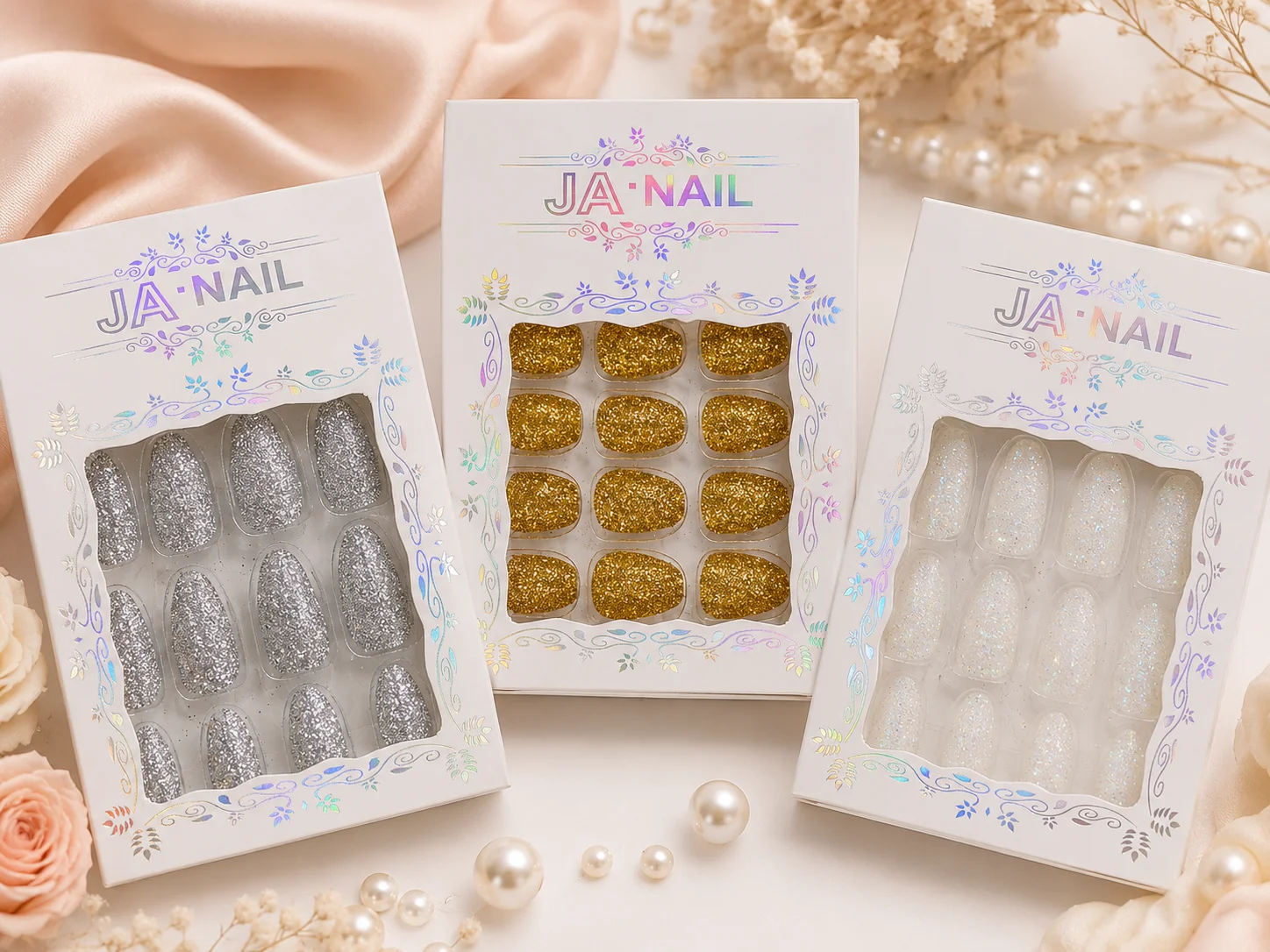 NAIL Glitter Press-On Nails Set – Gold, Silver & White Sparkle