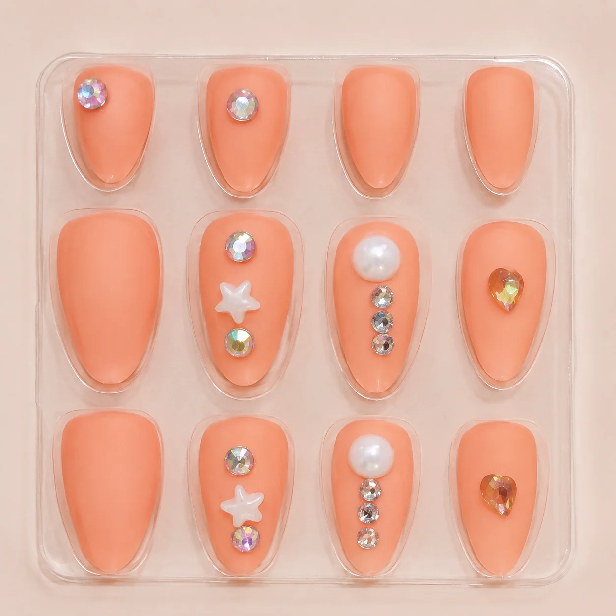 Peach Matte Press-On Nails with Pearl & Rhinestone Design