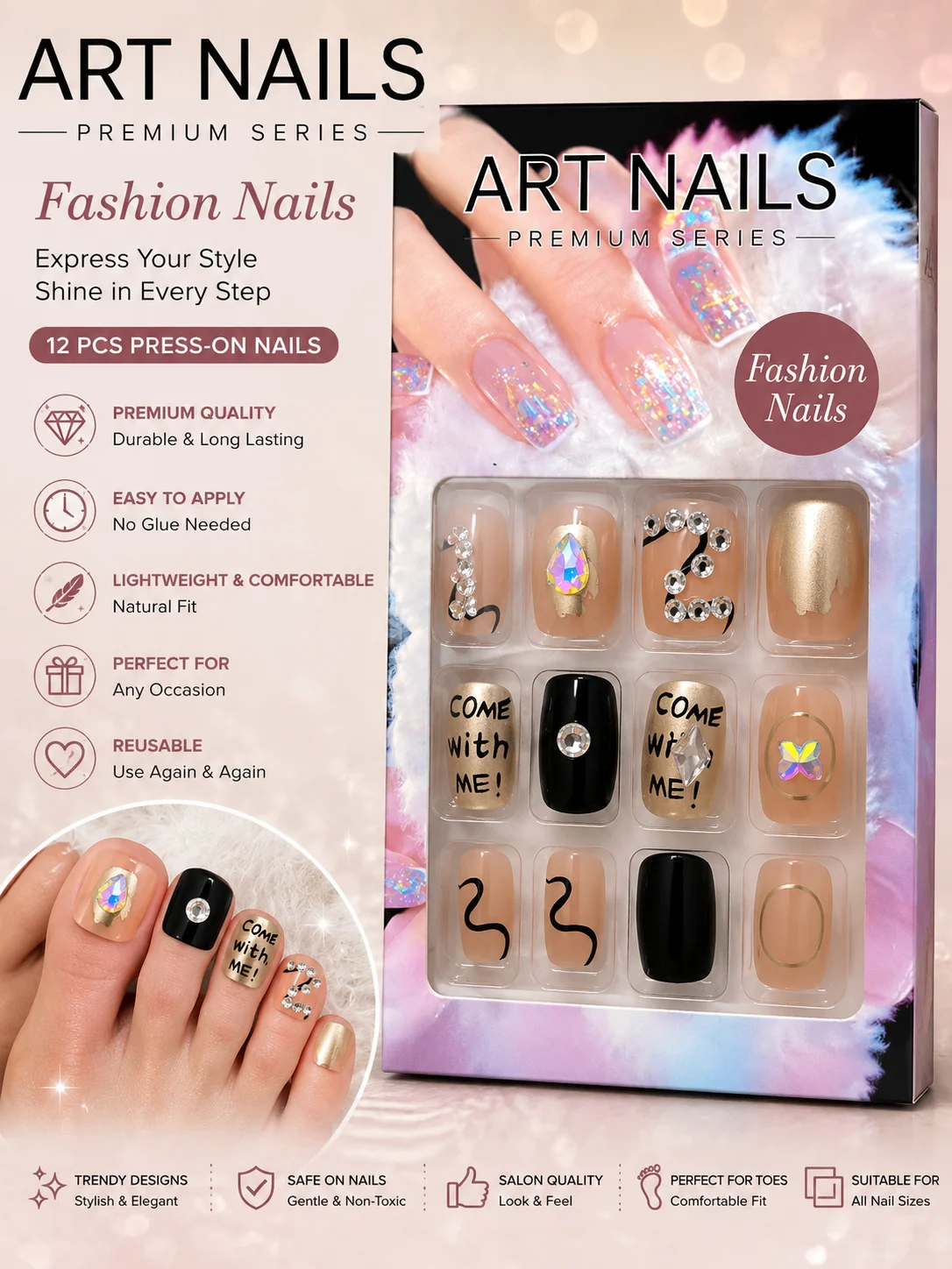 ARTNAILS Premium Series Press-On Foot Nails – Nude & Black Crystal Design | 12 PCS