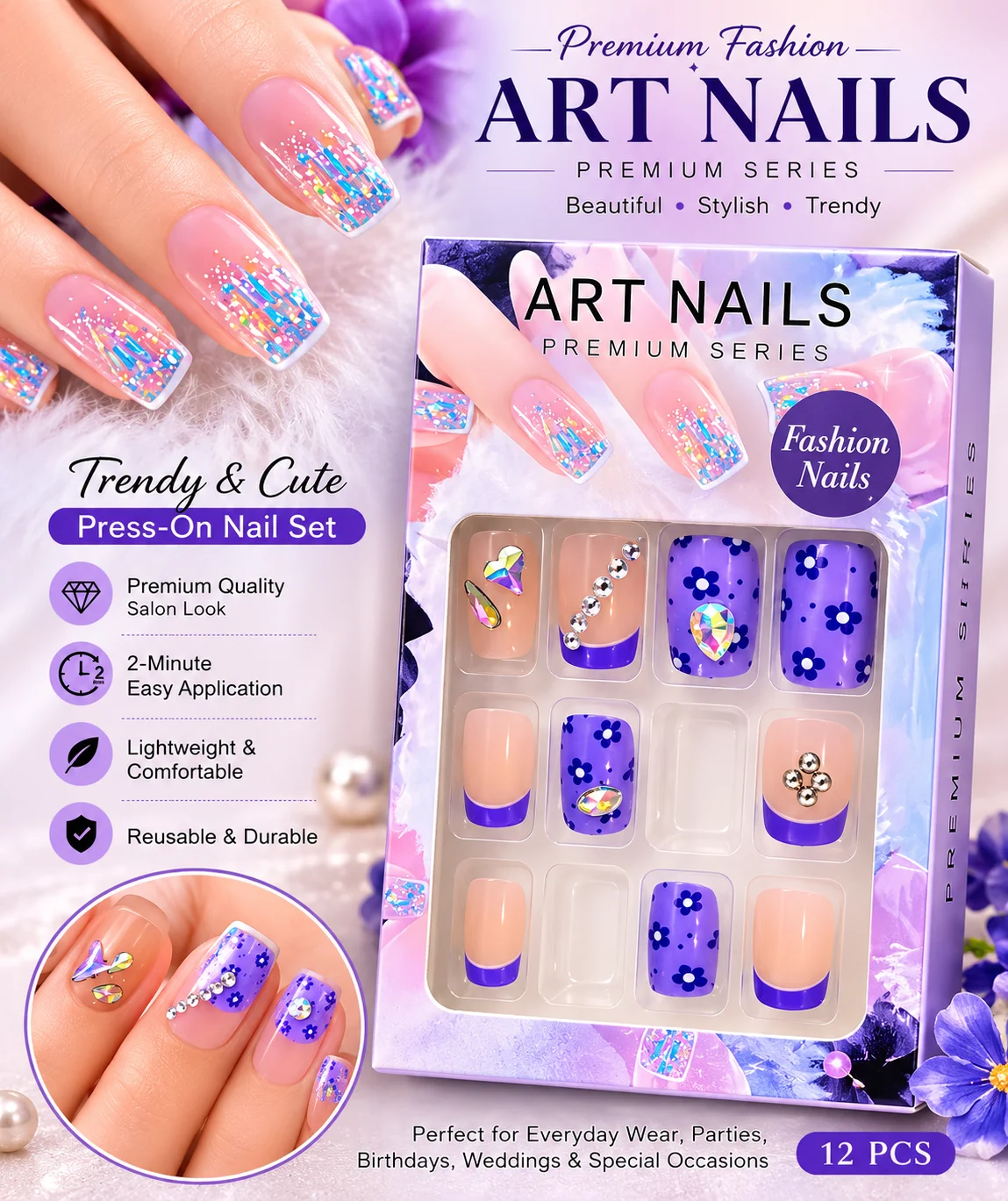 ARTNAILS Premium Series Press-On Foot Nails – Nude & Black Crystal Design | 12 PCS