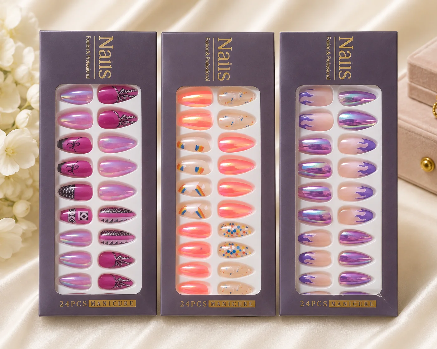 5-Pack Premium Press-On Nails Set – Glossy Designer Nail Collection (24 PCS Each)