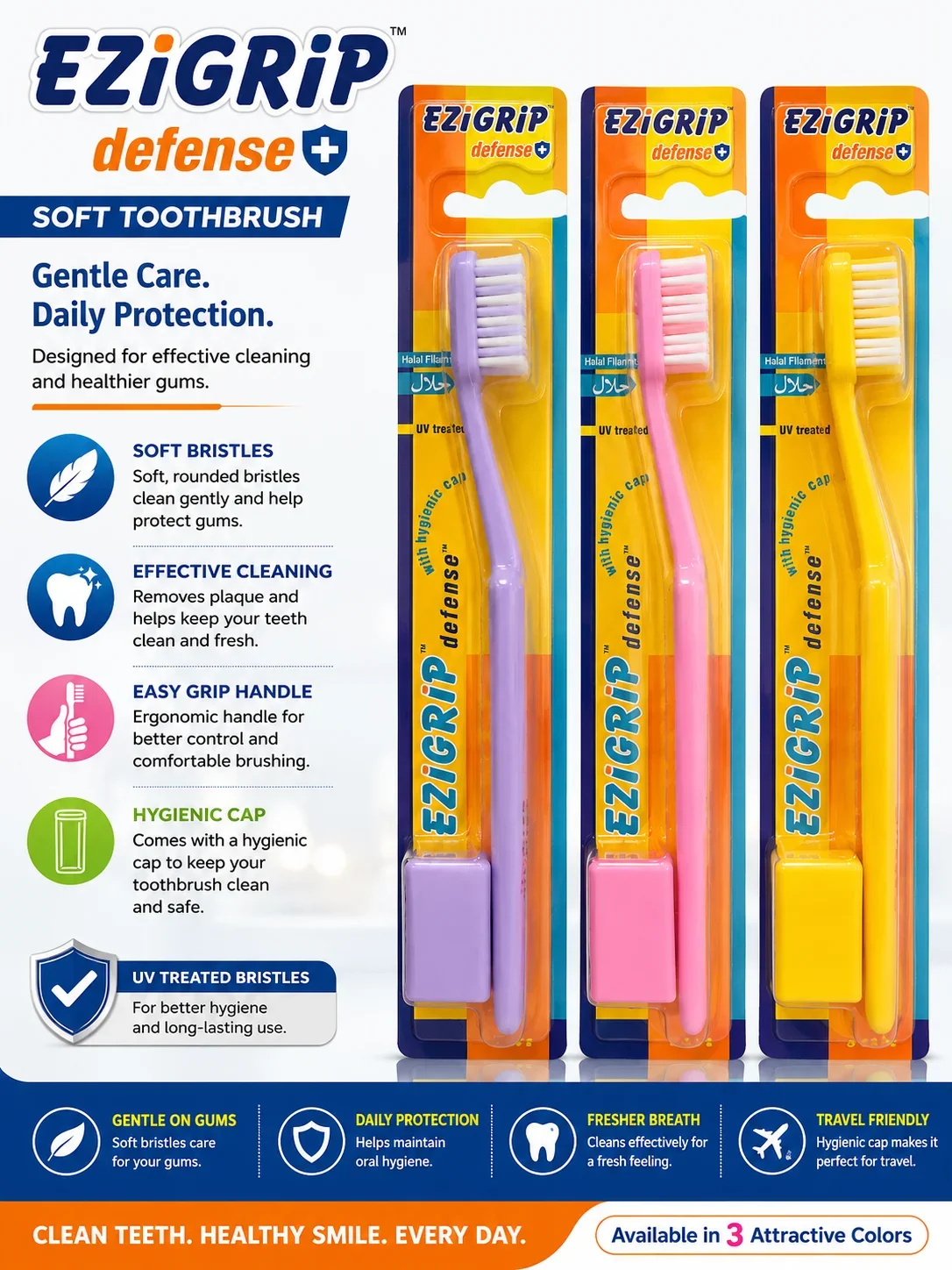 EZI GRIP Defense Toothbrush – Soft Bristles with Hygienic Cap