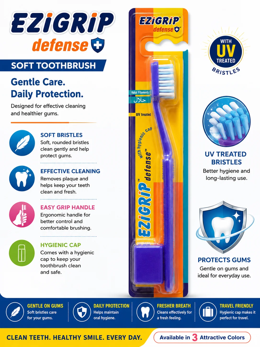 EZI GRIP Defense+ Soft Toothbrush with Hygienic Cap