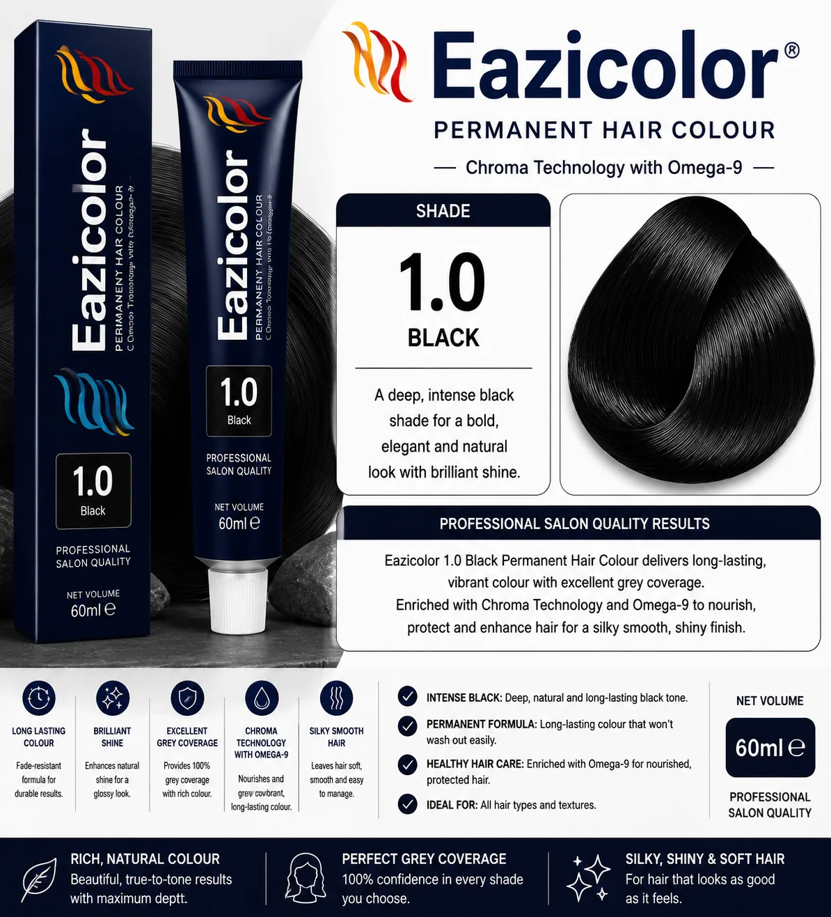 Eazicolor 1.0 Black Permanent Hair Colour 60ml
