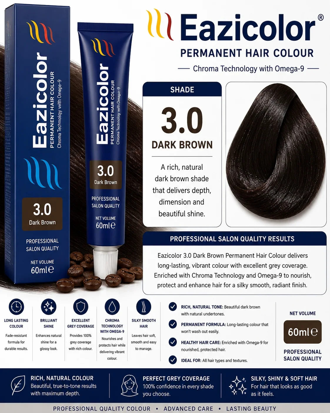 Eazicolor 3.0 Dark Brown Permanent Hair Colour – Rich Natural Brown Shade | 60ml