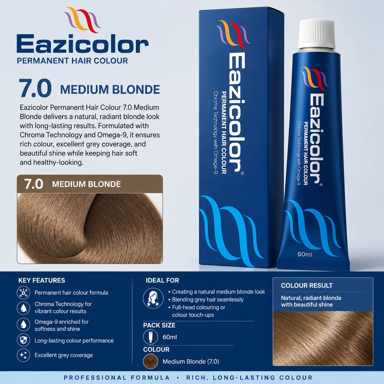 Eazicolor Permanent Hair Colour 7.0 Medium Blonde – 60ml
