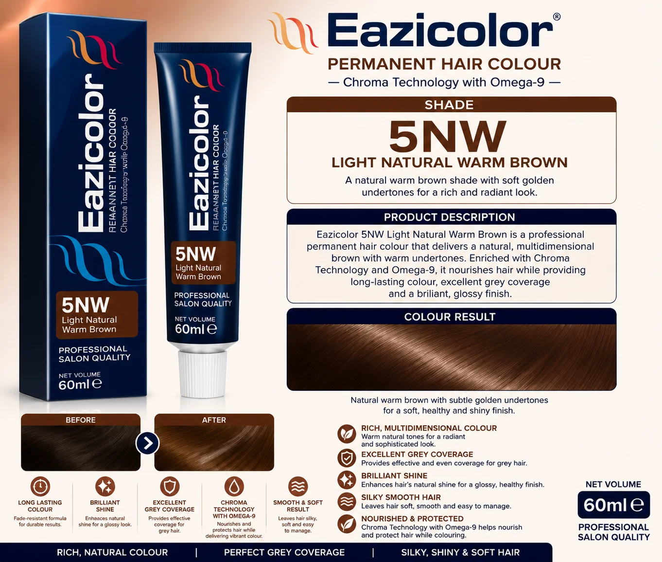 Eazicolor 5NW Light Natural Warm Brown Permanent Hair Colour 60ml