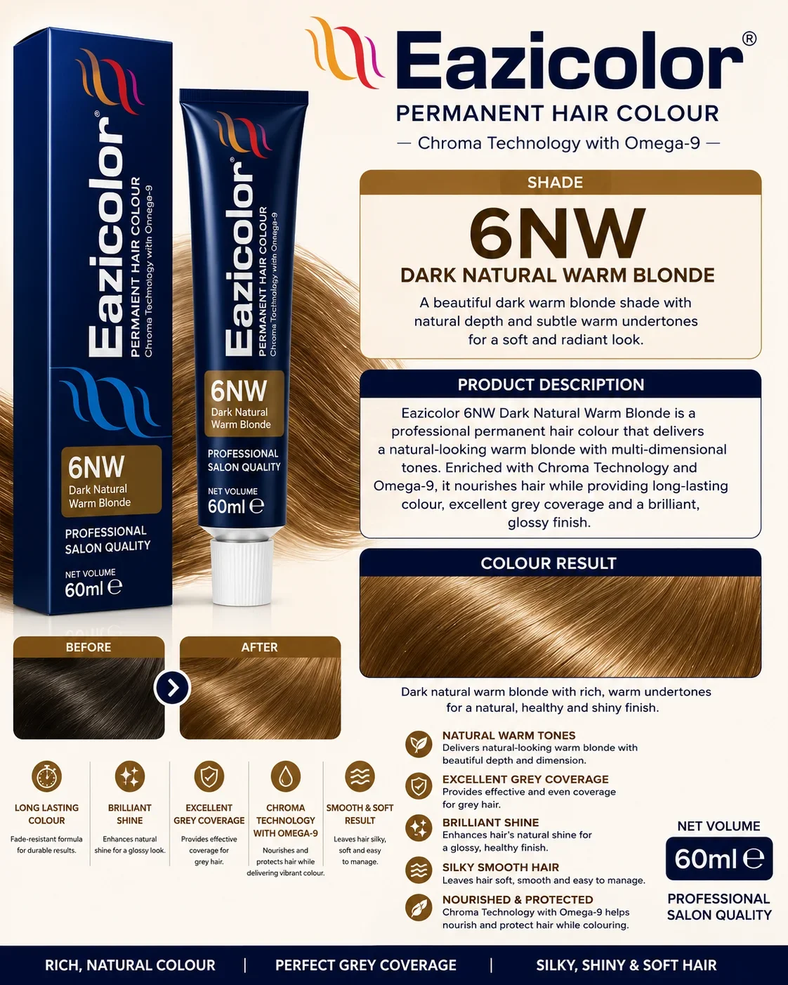 Eazicolor 6NW Dark Natural Warm Blonde Permanent Hair Colour 60ml