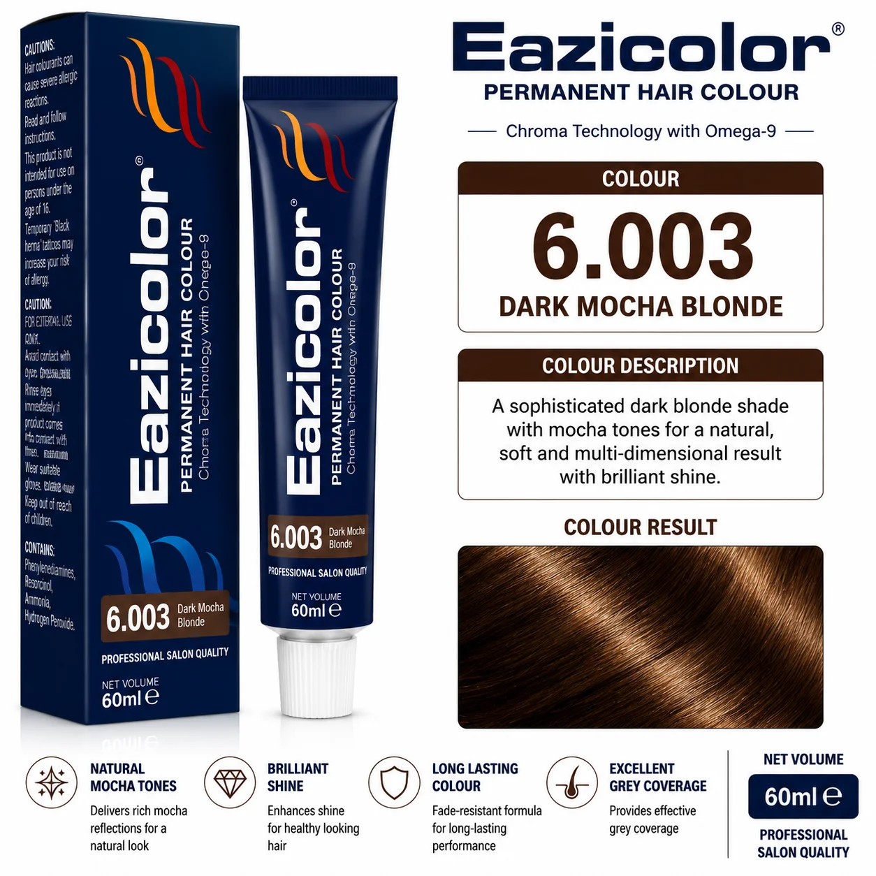 Eazicolor 6.003 Dark Mocha Blonde Permanent Hair Colour 60ml