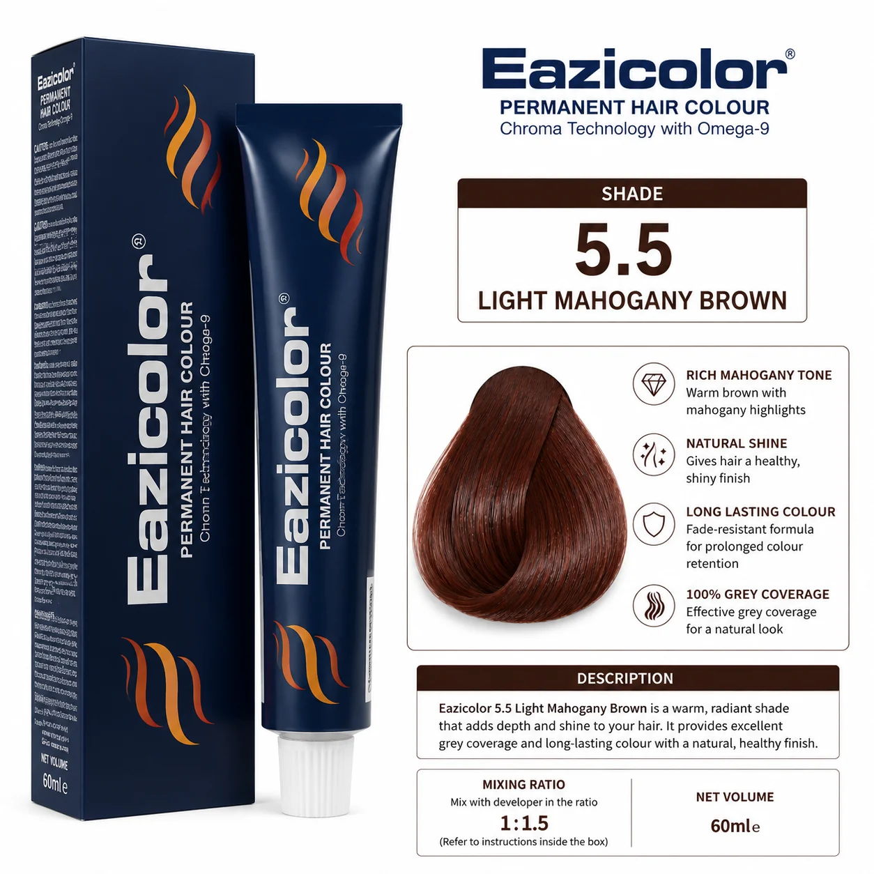 Eazicolor 5.5 Light Mahogany Brown Permanent Hair Colour – 60ml