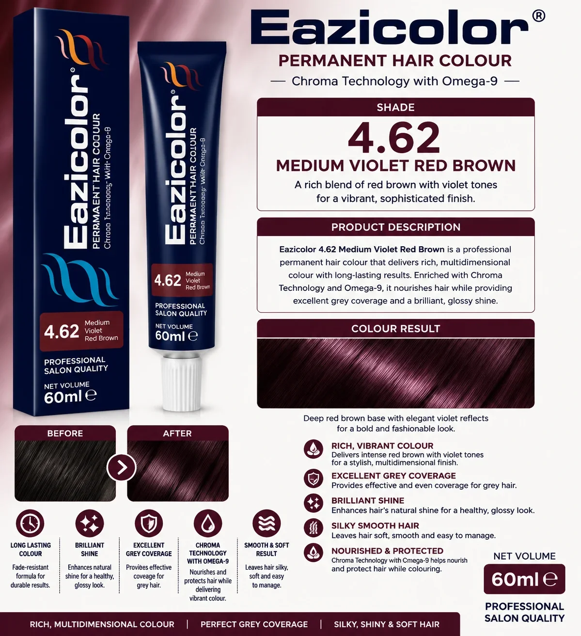 Eazicolor Permanent Hair Colour 4.62 Medium Violet Red Brown 60ml