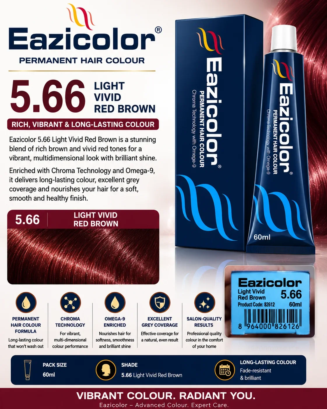Eazicolor 5.66 Light Vivid Red Brown Permanent Hair Colour – 60ml