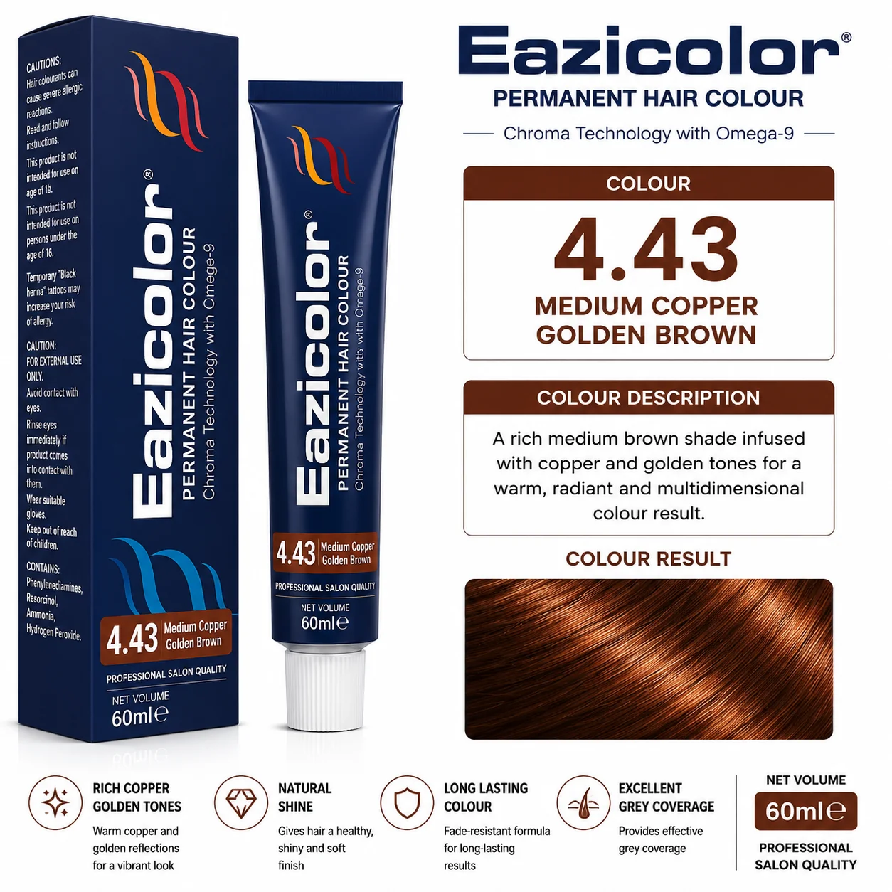Eazicolor 4.43 Medium Copper Golden Brown Permanent Hair Colour – 60ml