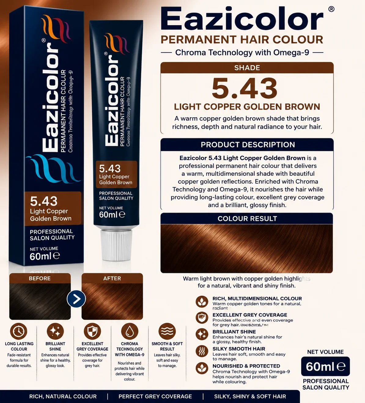 Eazicolor 5.43 Light Copper Golden Brown Permanent Hair Colour 60ml