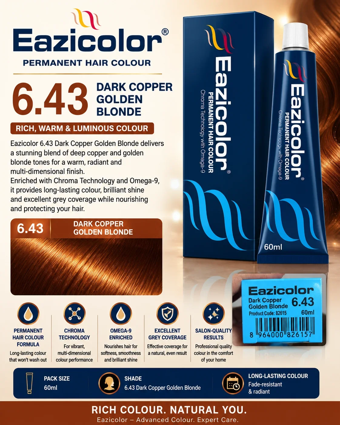 Eazicolor 6.43 Dark Copper Golden Blonde Permanent Hair Colour – 60ml