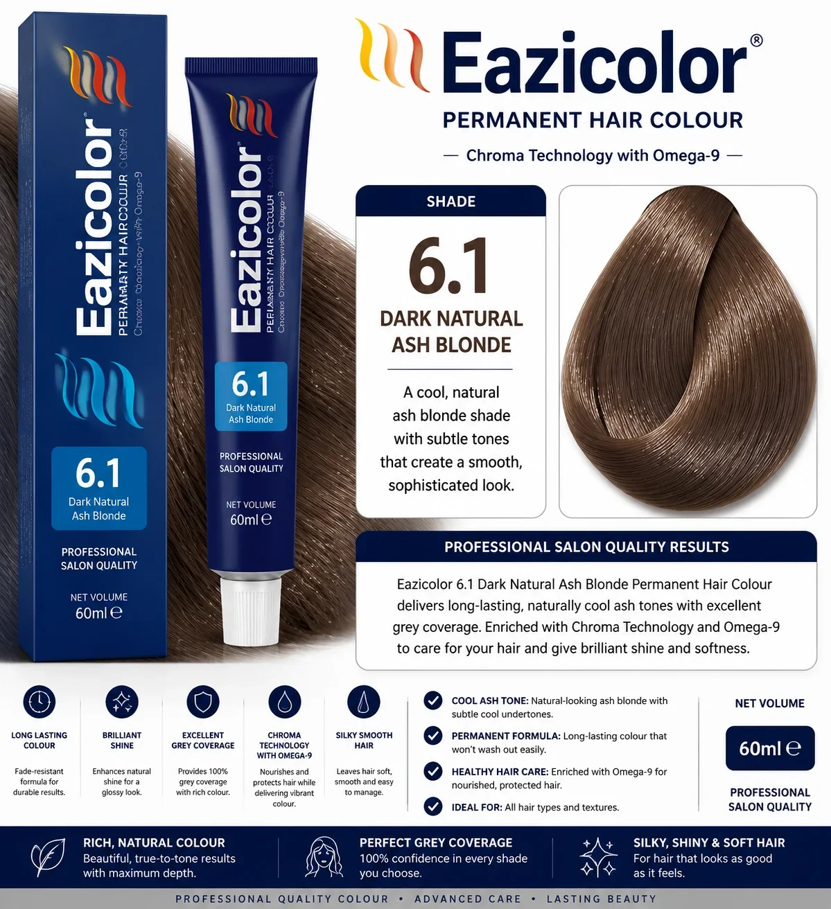 Eazicolor 6.1 Dark Natural Ash Blonde Permanent Hair Colour – Cool Ash Tone | 60ml