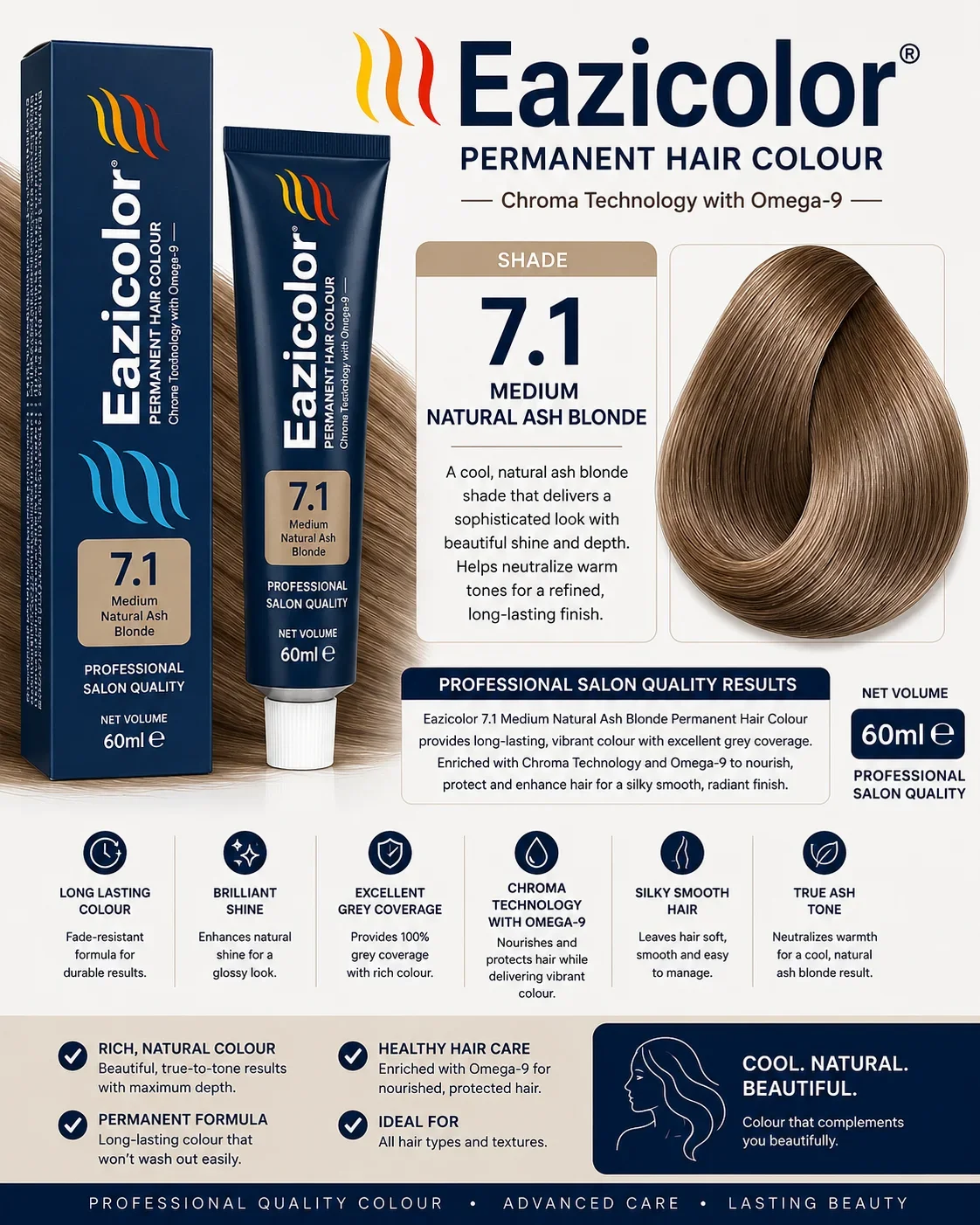 Eazicolor 7.1 Medium Natural Ash Blonde Permanent Hair Colour 60ml