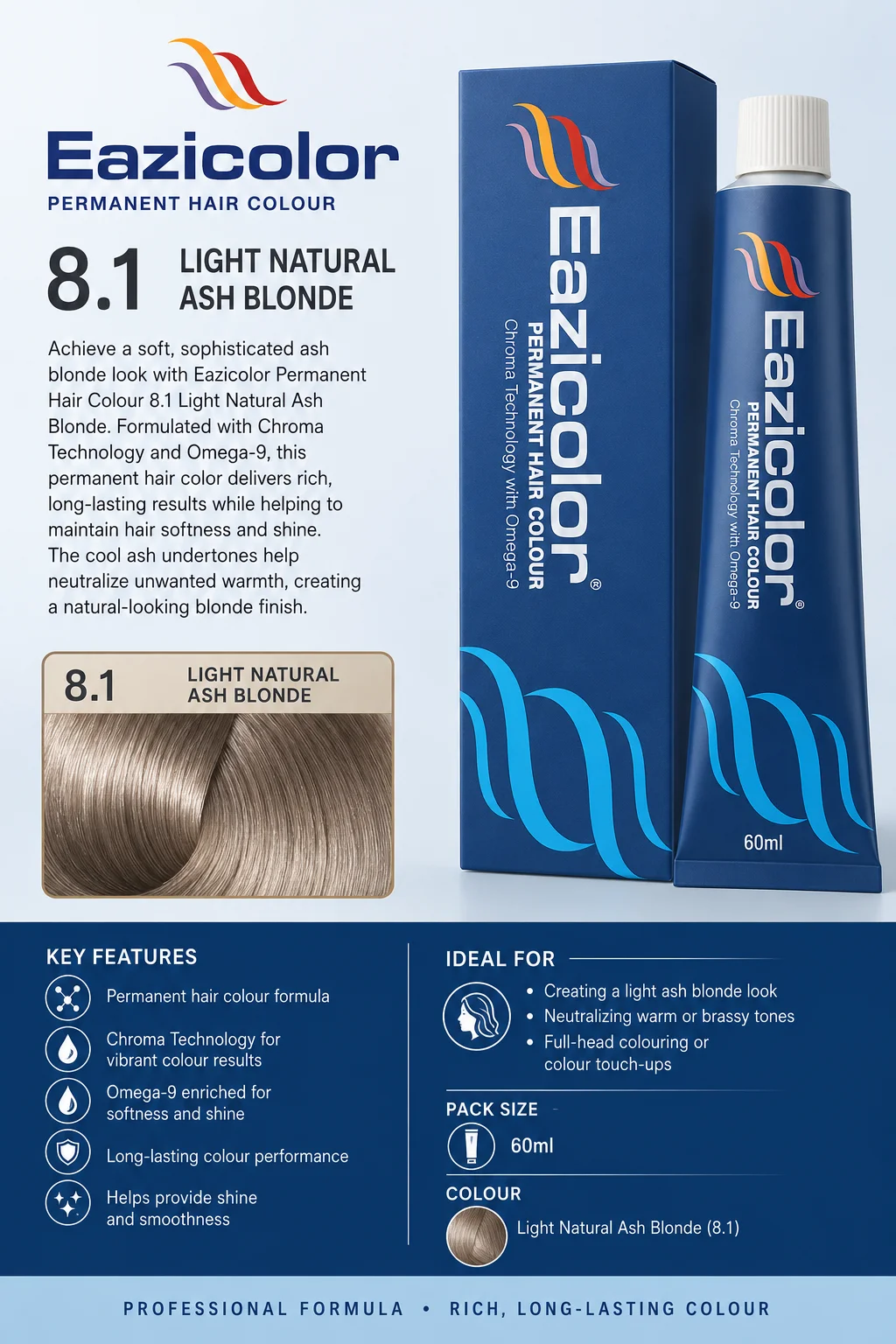 Eazicolor 8.1 Light Natural Ash Blonde Permanent Hair Colour | 60ml