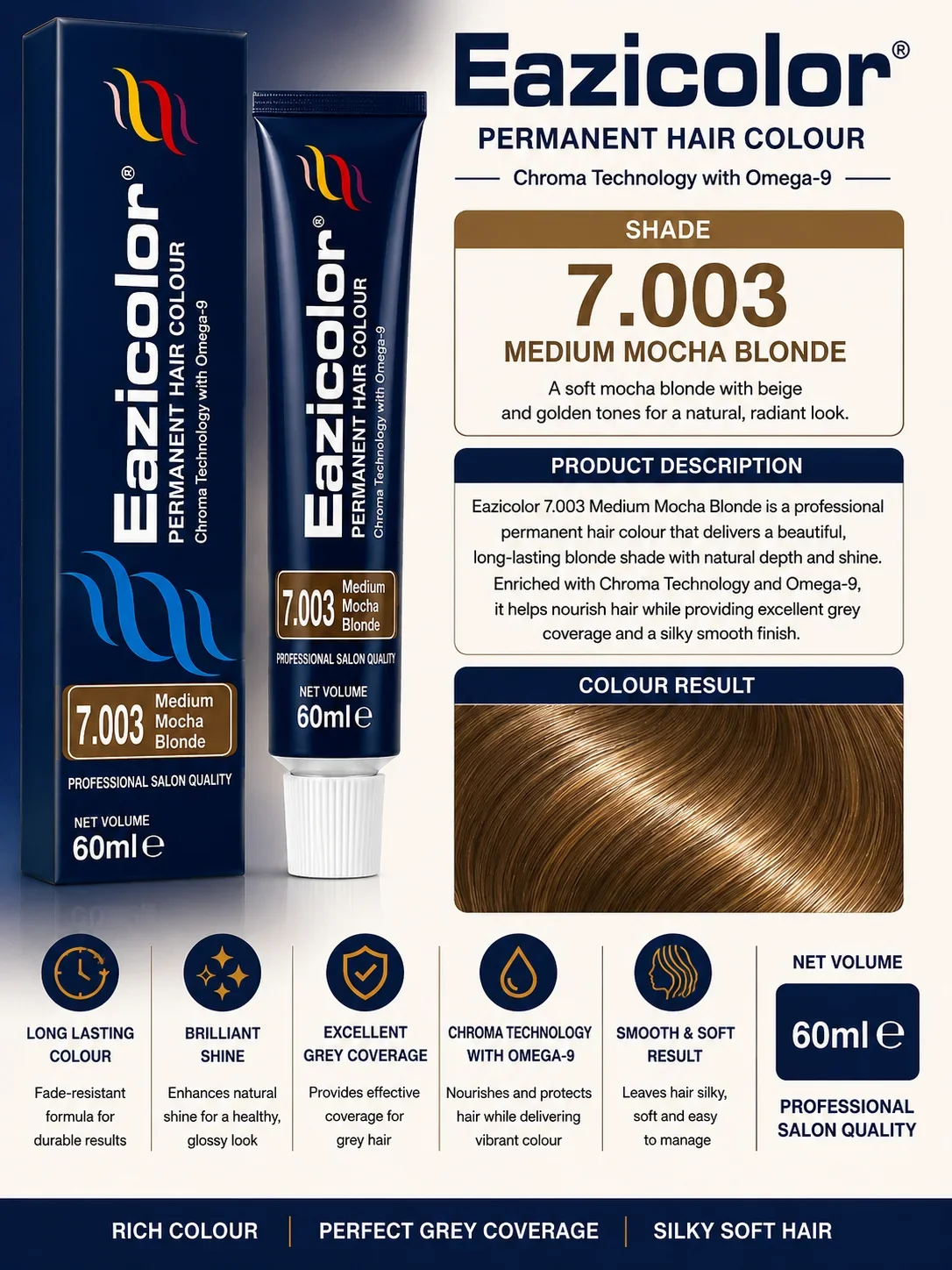 Eazicolor 7.003 Medium Mocha Blonde Permanent Hair Colour 60ml