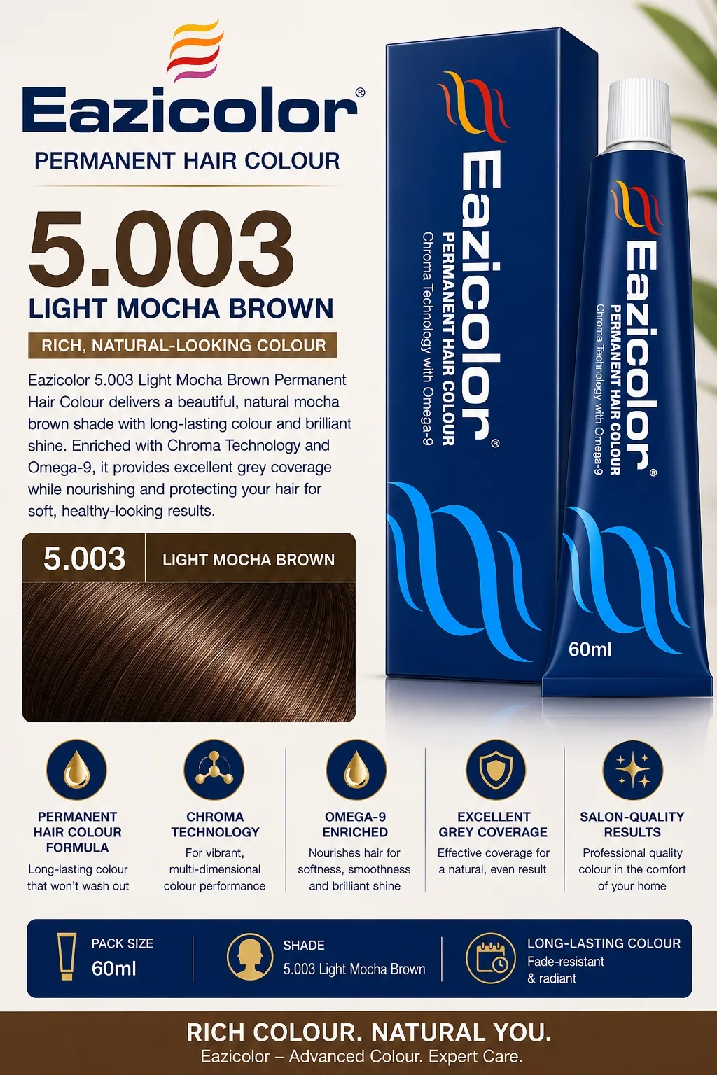 Eazicolor Permanent Hair Colour 5.003 Light Mocha Brown – 60ml