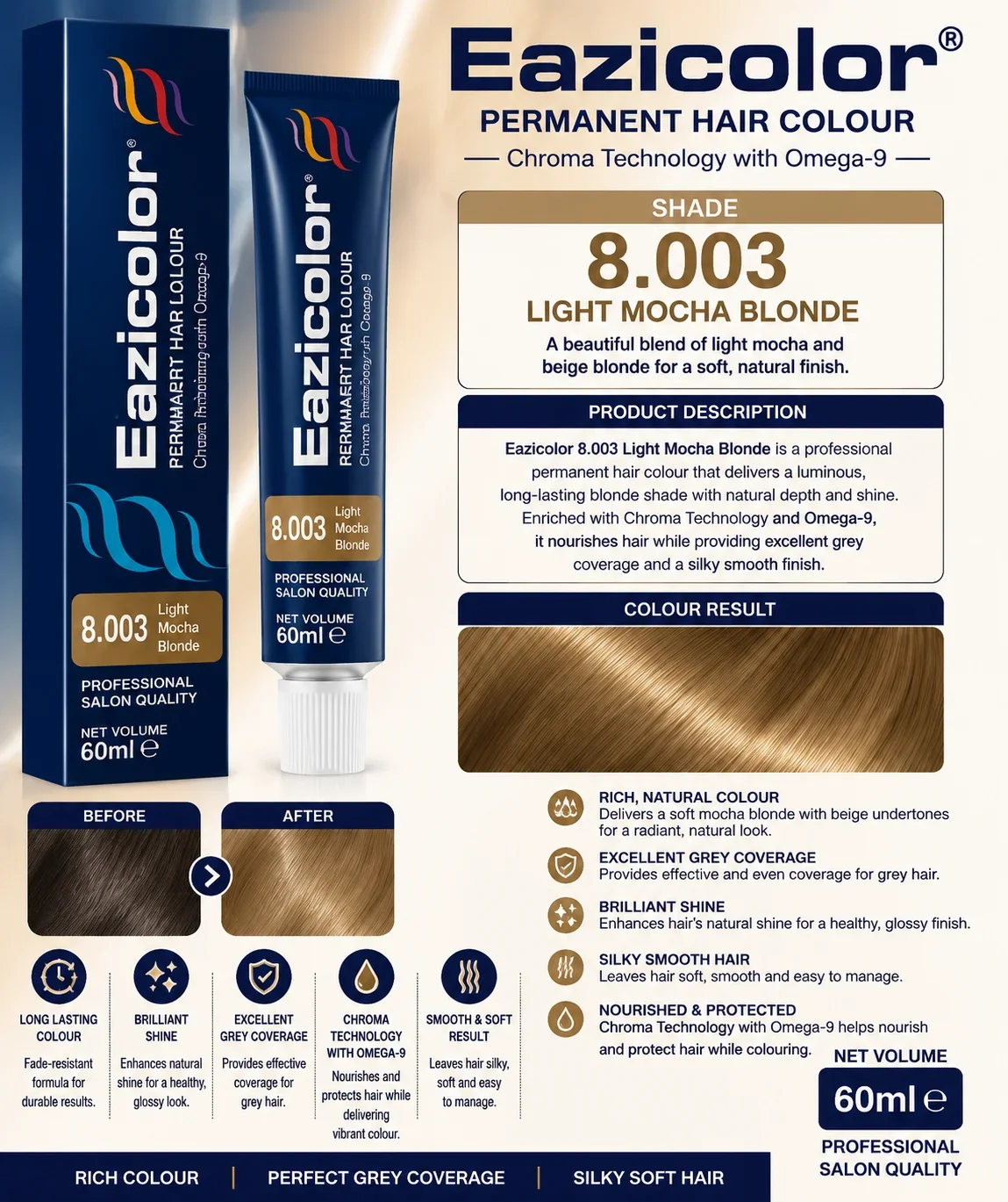 Eazicolor Permanent Hair Colour 8.003 Light Mocha Blonde 60ml