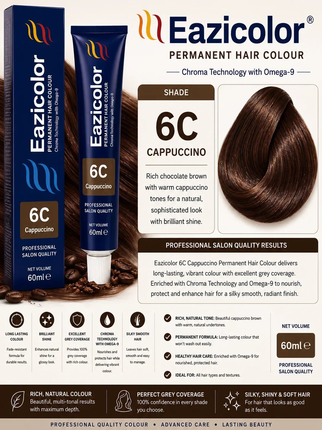 Eazicolor 6C Cappuccino Permanent Hair Colour 60ml