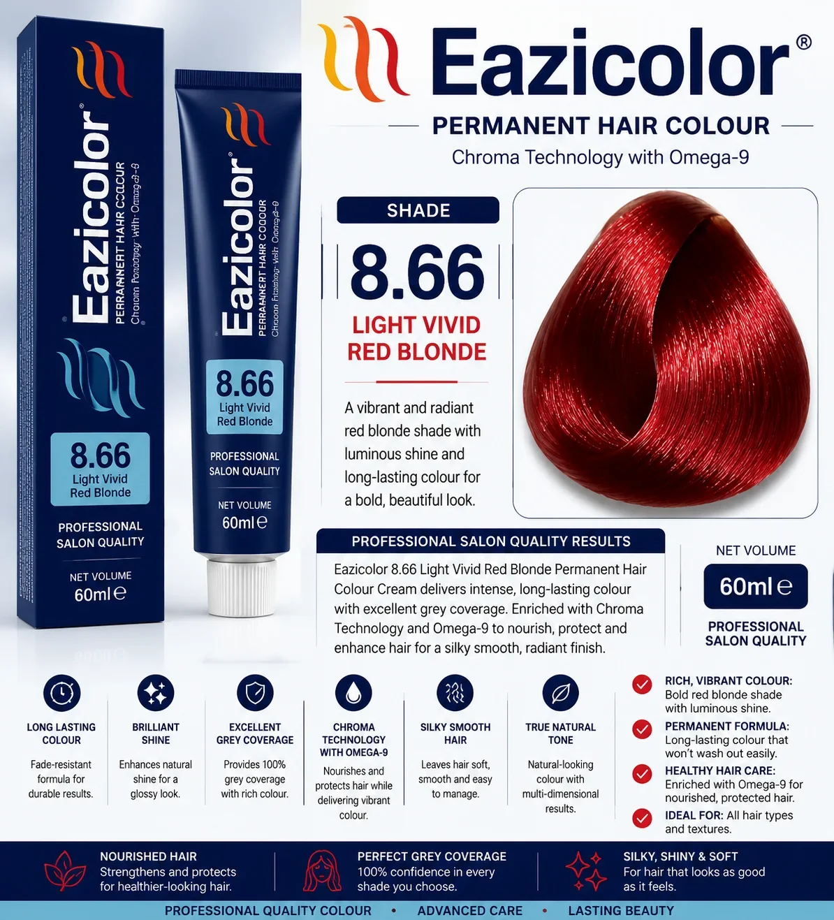 Eazicolor 8.66 Light Vivid Red Blonde Permanent Hair Colour Cream 60ml