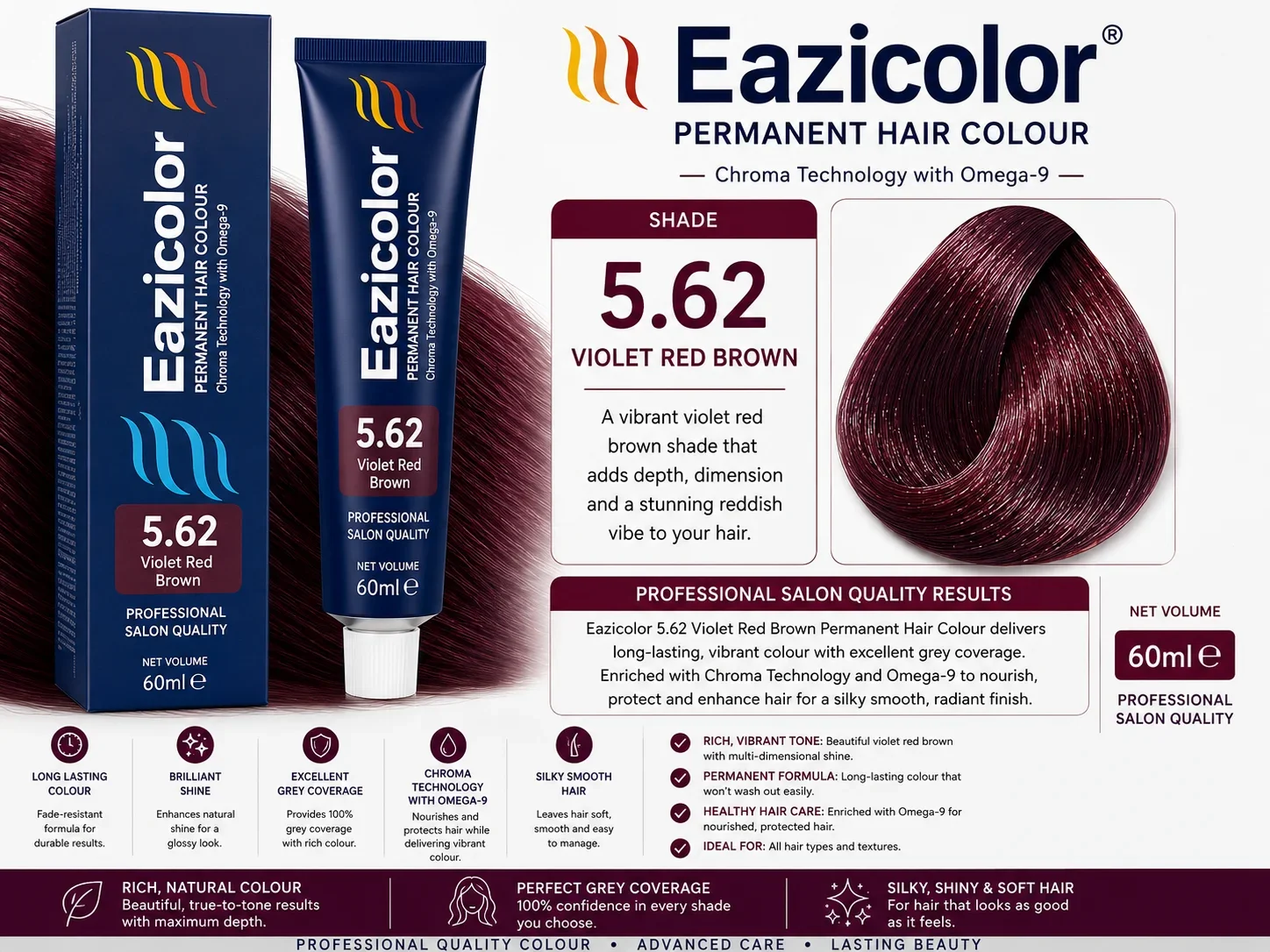 Eazicolor 5.62 Violet Red Brown Permanent Hair Colour 60ml
