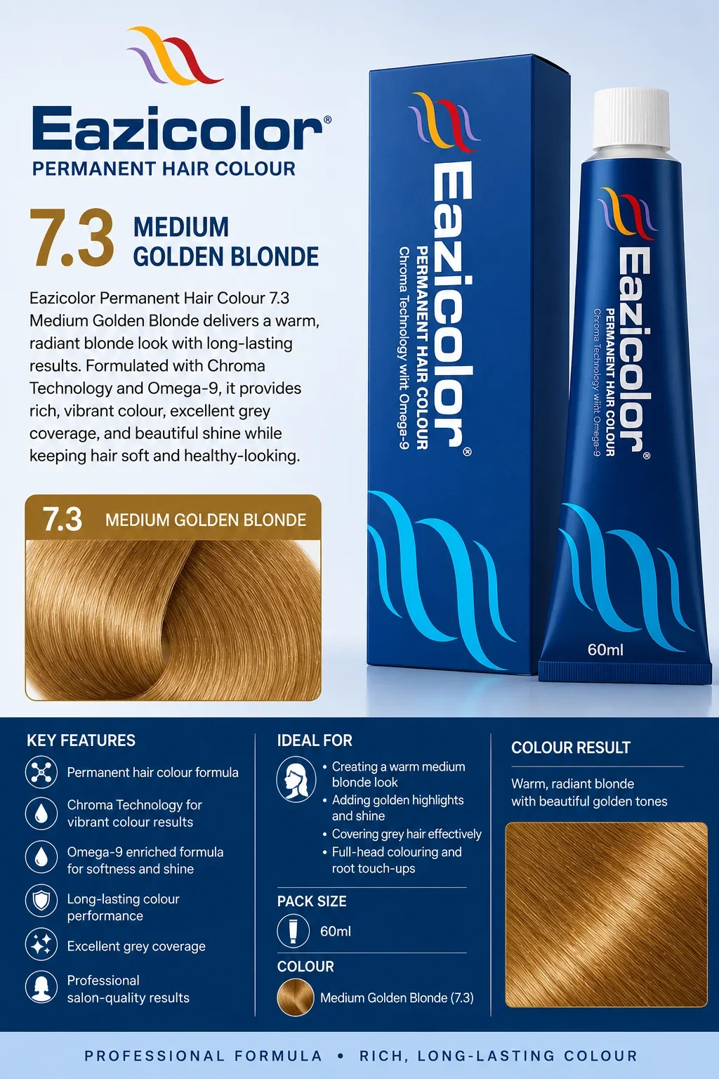 Eazicolor Permanent Hair Colour 7.3 Medium Golden Blonde – 60ml