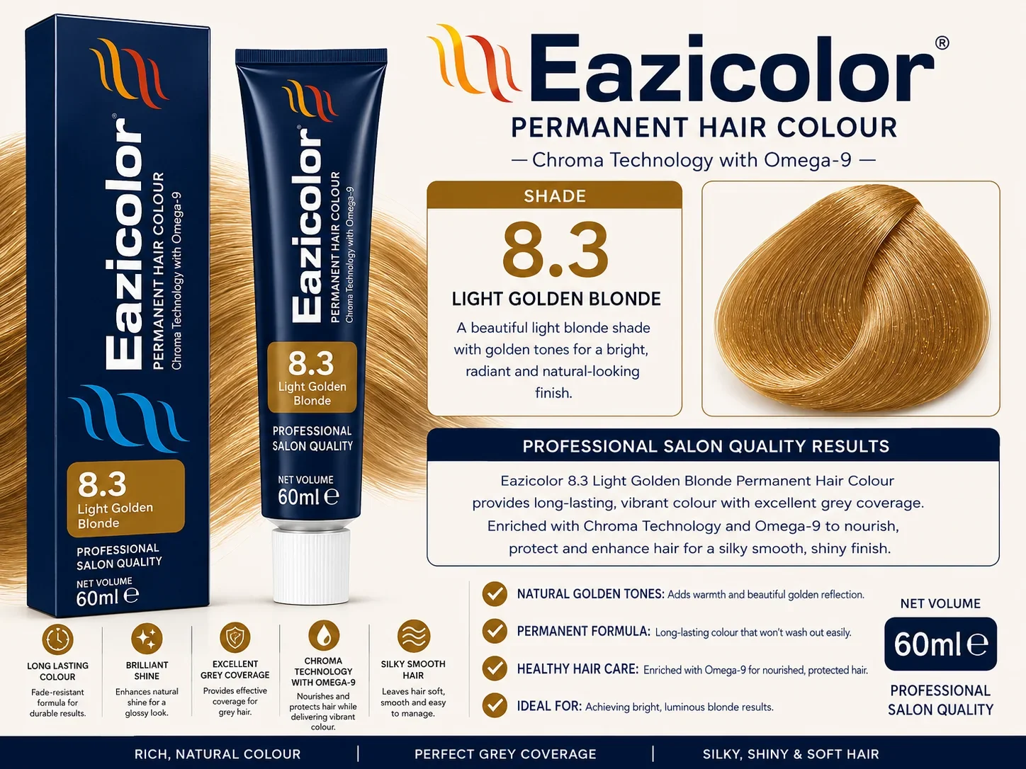 Eazicolor 8.3 Light Golden Blonde Permanent Hair Colour 60ml