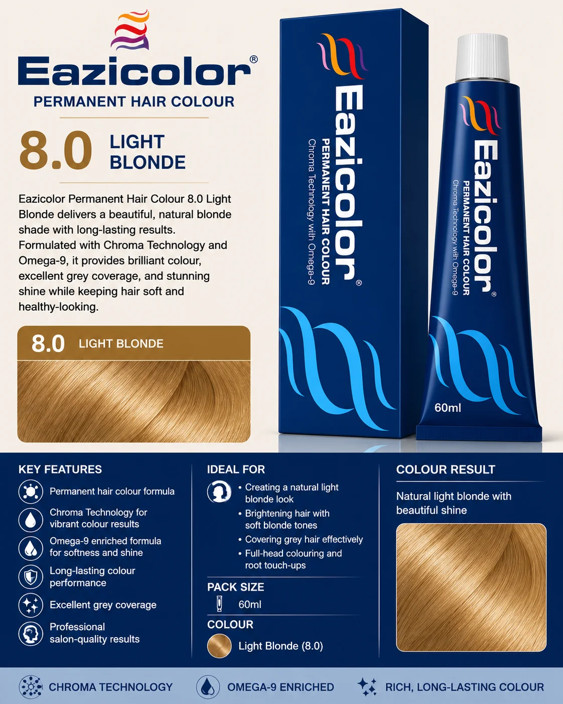 Eazicolor Permanent Hair Colour 8.0 Light Blonde – 60ml