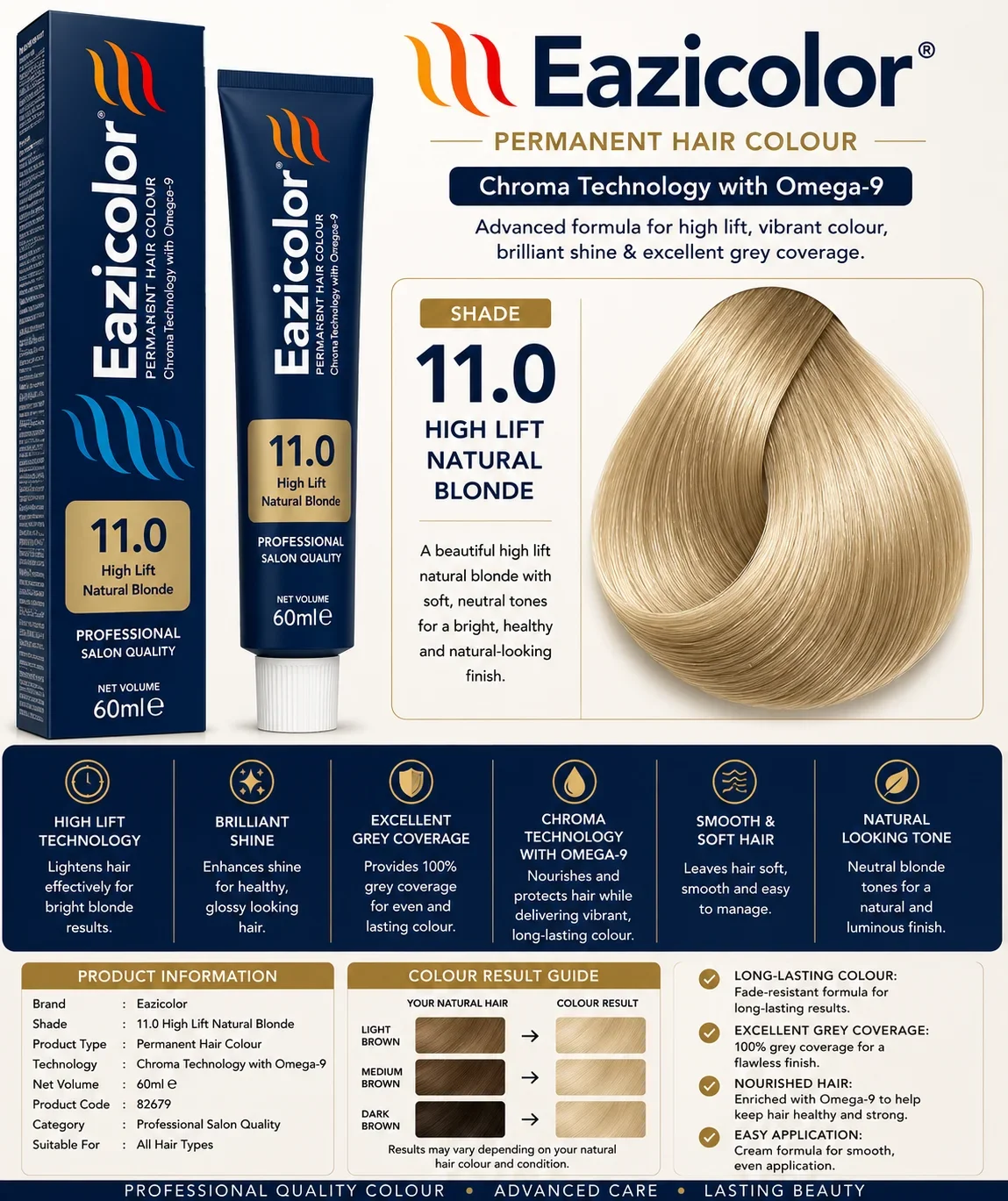 Eazicolor 11.0 High Lift Natural Blonde Permanent Hair Colour 60ml