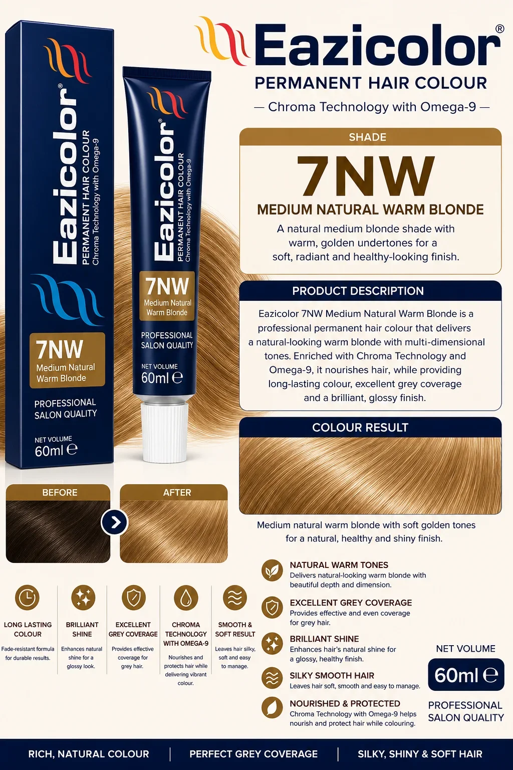 Eazicolor 7NW Medium Natural Warm Blonde Permanent Hair Colour 60ml
