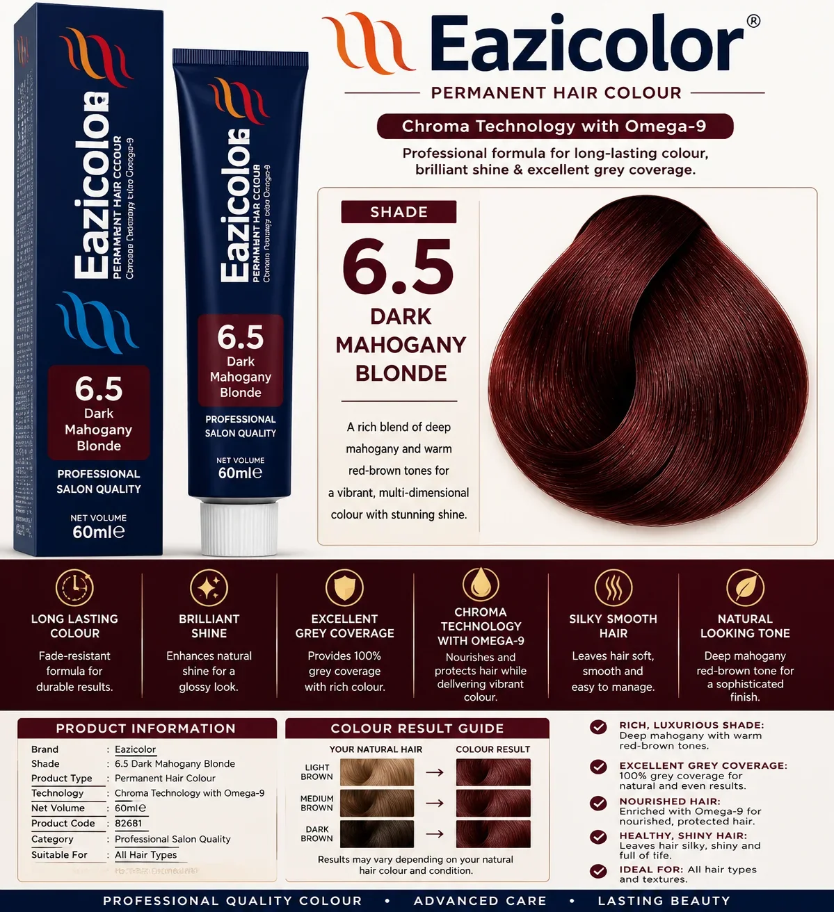 Eazicolor 6.5 Dark Mahogany Blonde Permanent Hair Colour 60ml
