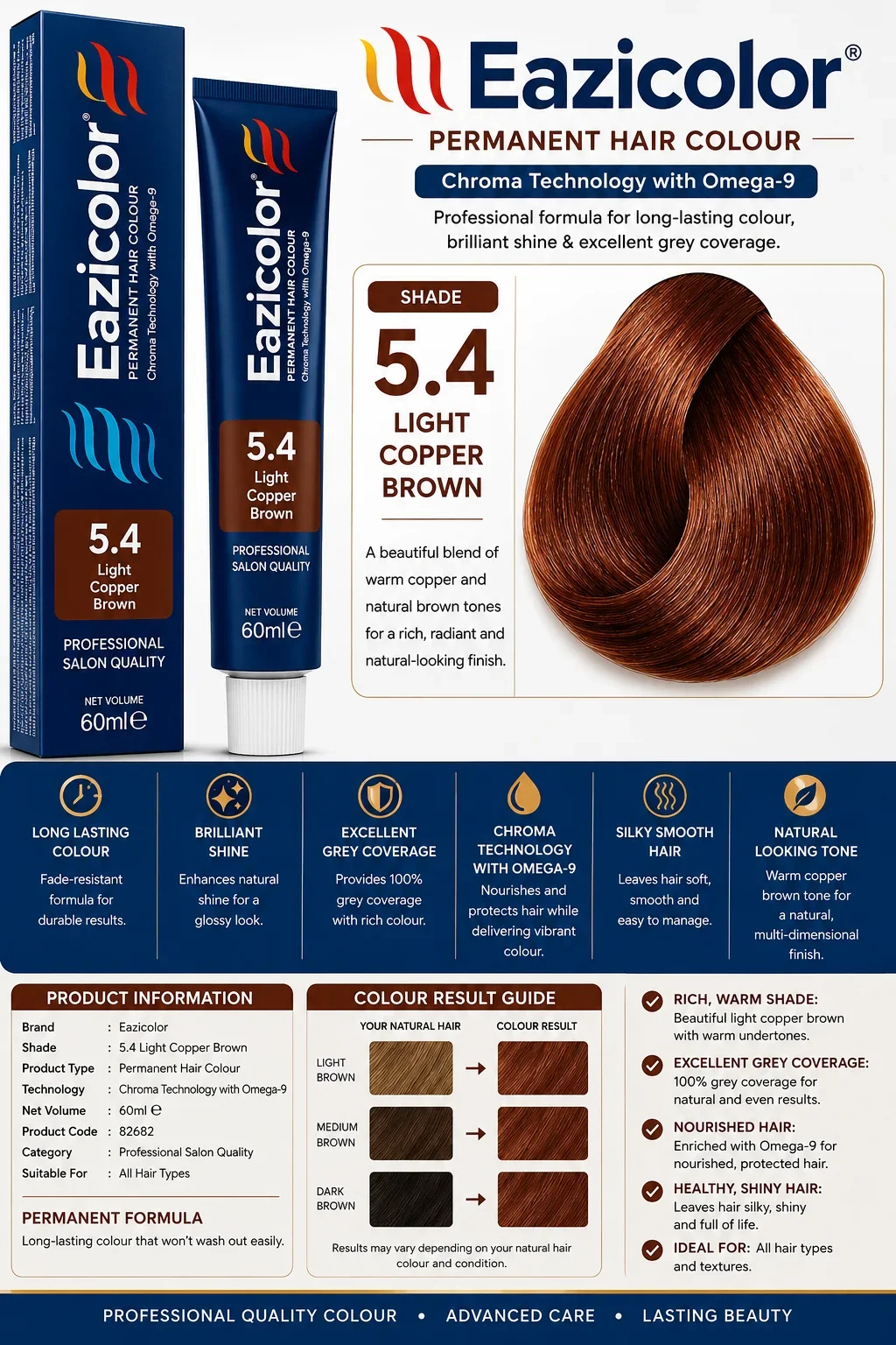 Eazicolor 5.4 Light Copper Brown Permanent Hair Colour 60ml