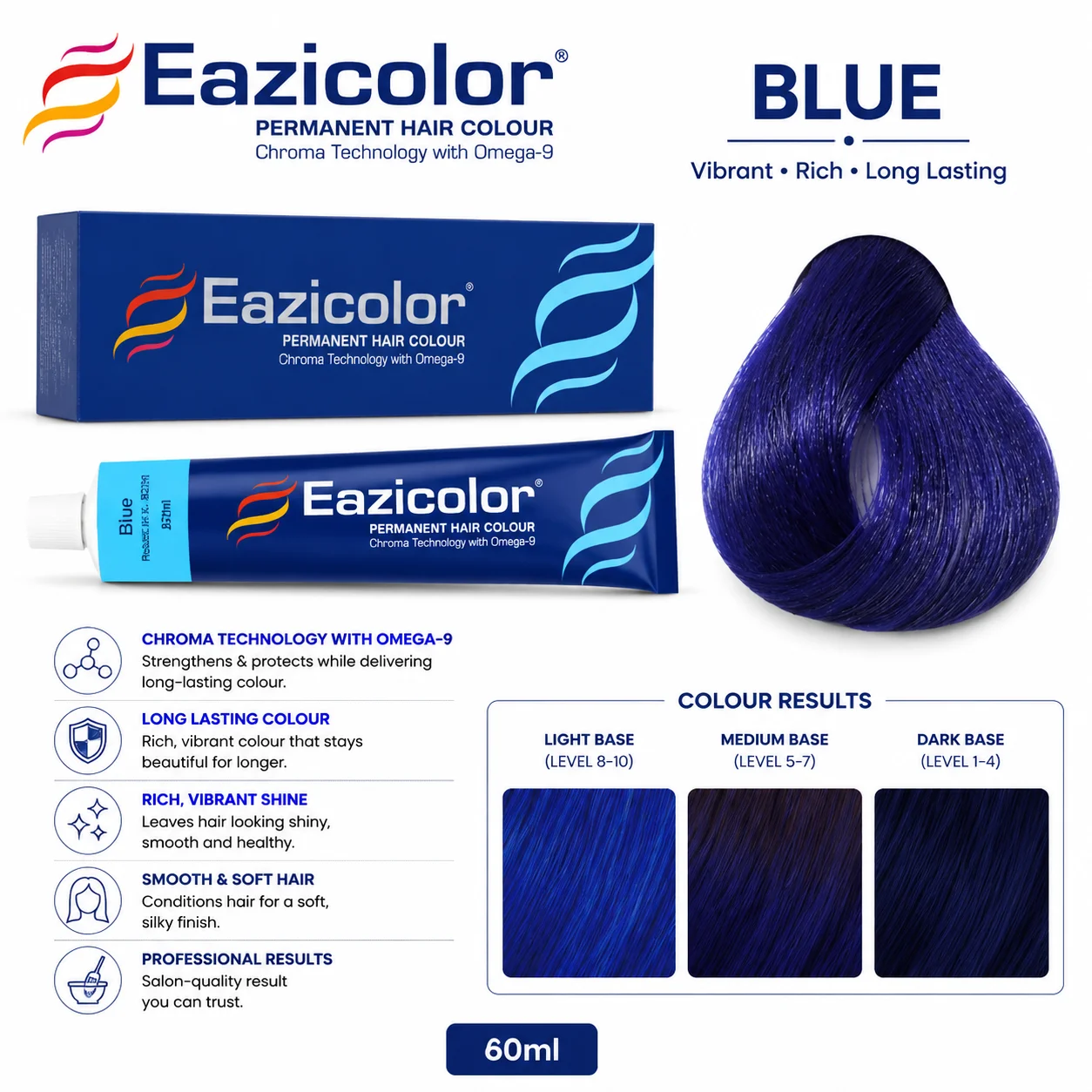 Eazicolor Blue Permanent Hair Colour | Vibrant Blue Shade | 60ml