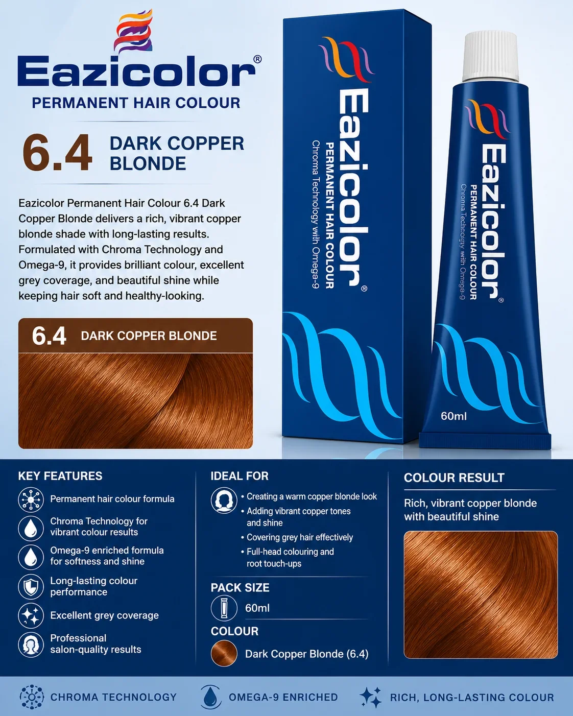 Eazicolor Permanent Hair Colour 6.4 Dark Copper Blonde – 60ml