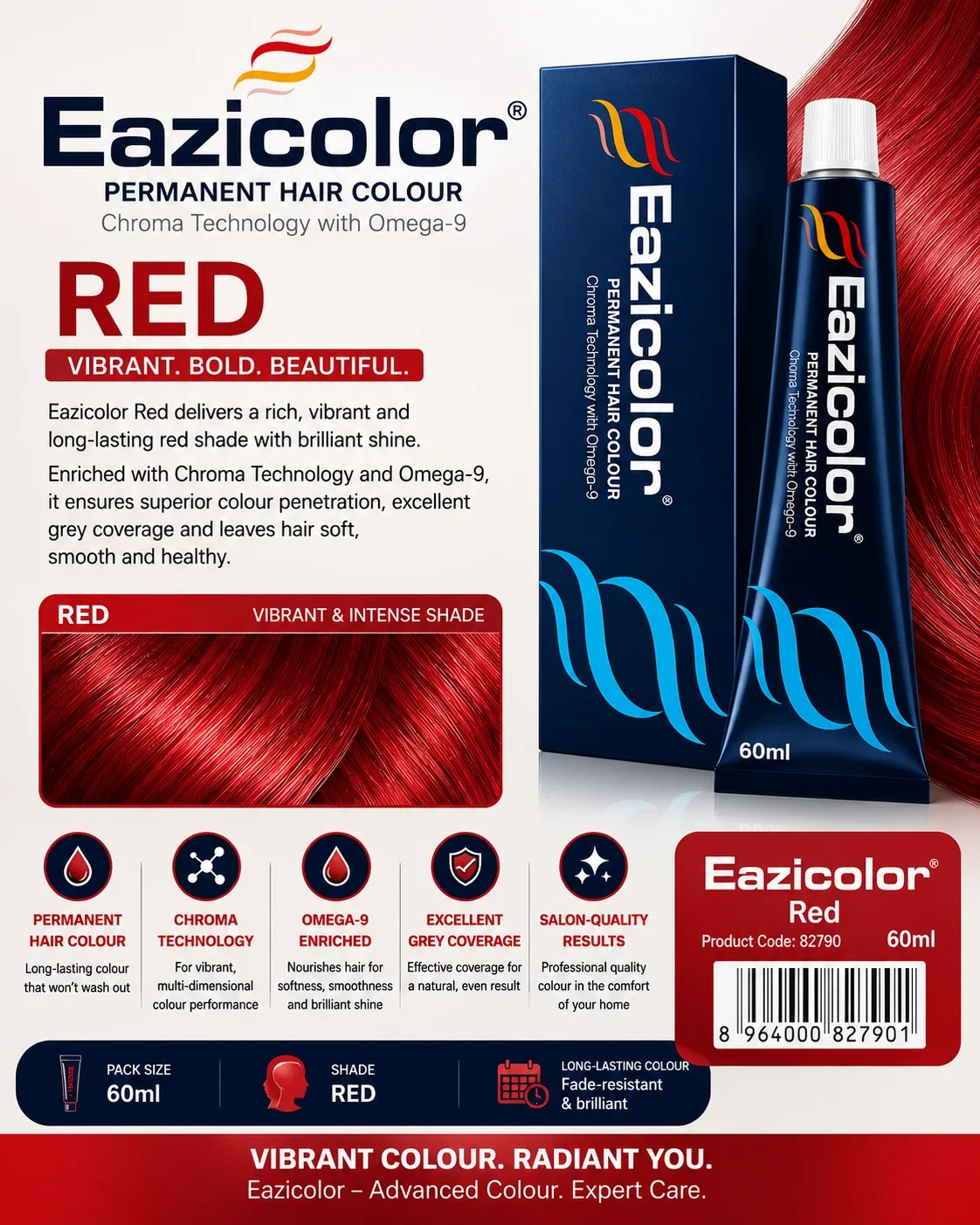 Eazicolor Red Permanent Hair Colour – Vibrant Intense Red Shade | 60ml