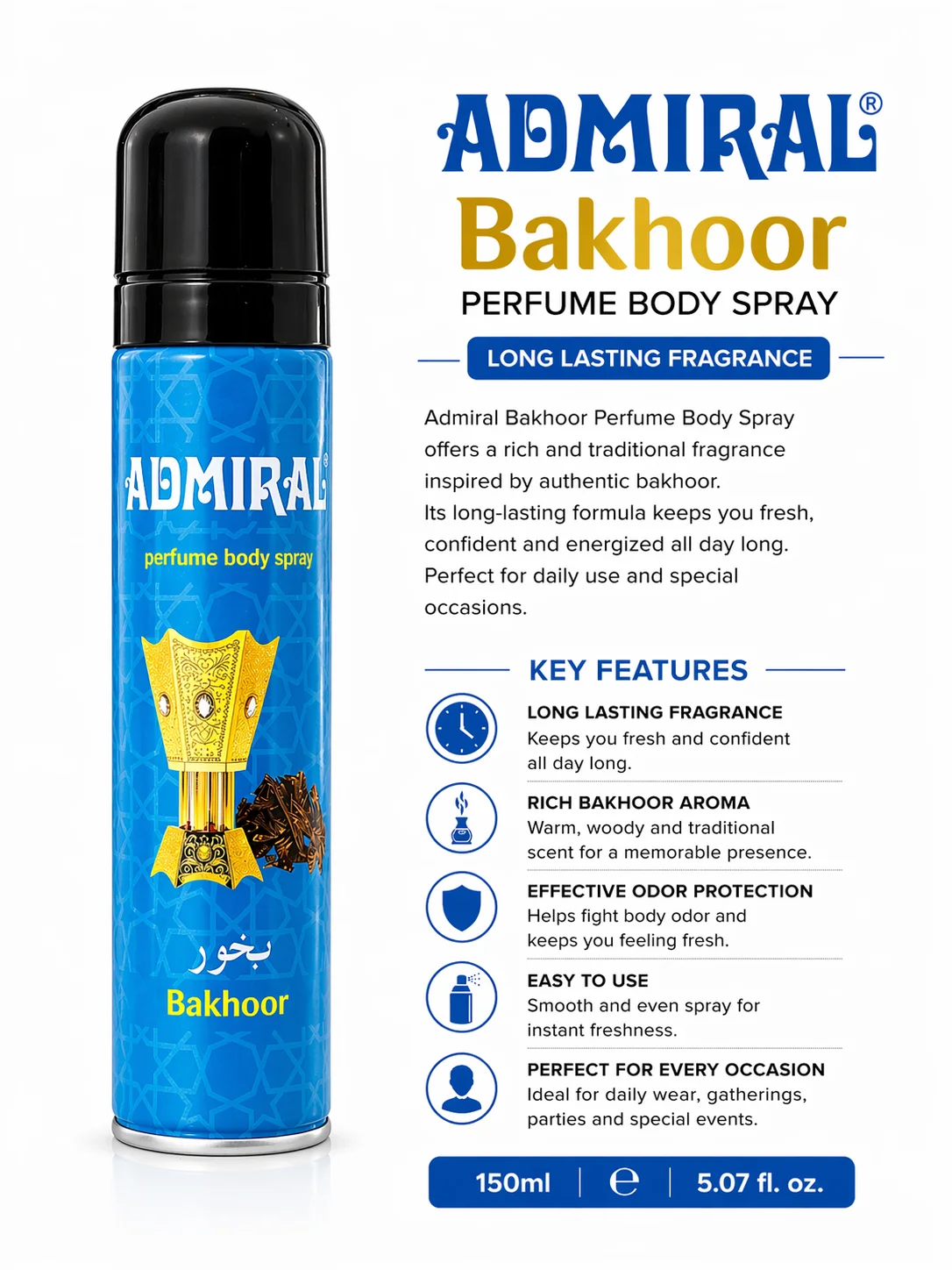 Admiral Bakhoor Perfume Body Spray – Long Lasting Fragrance 150ML