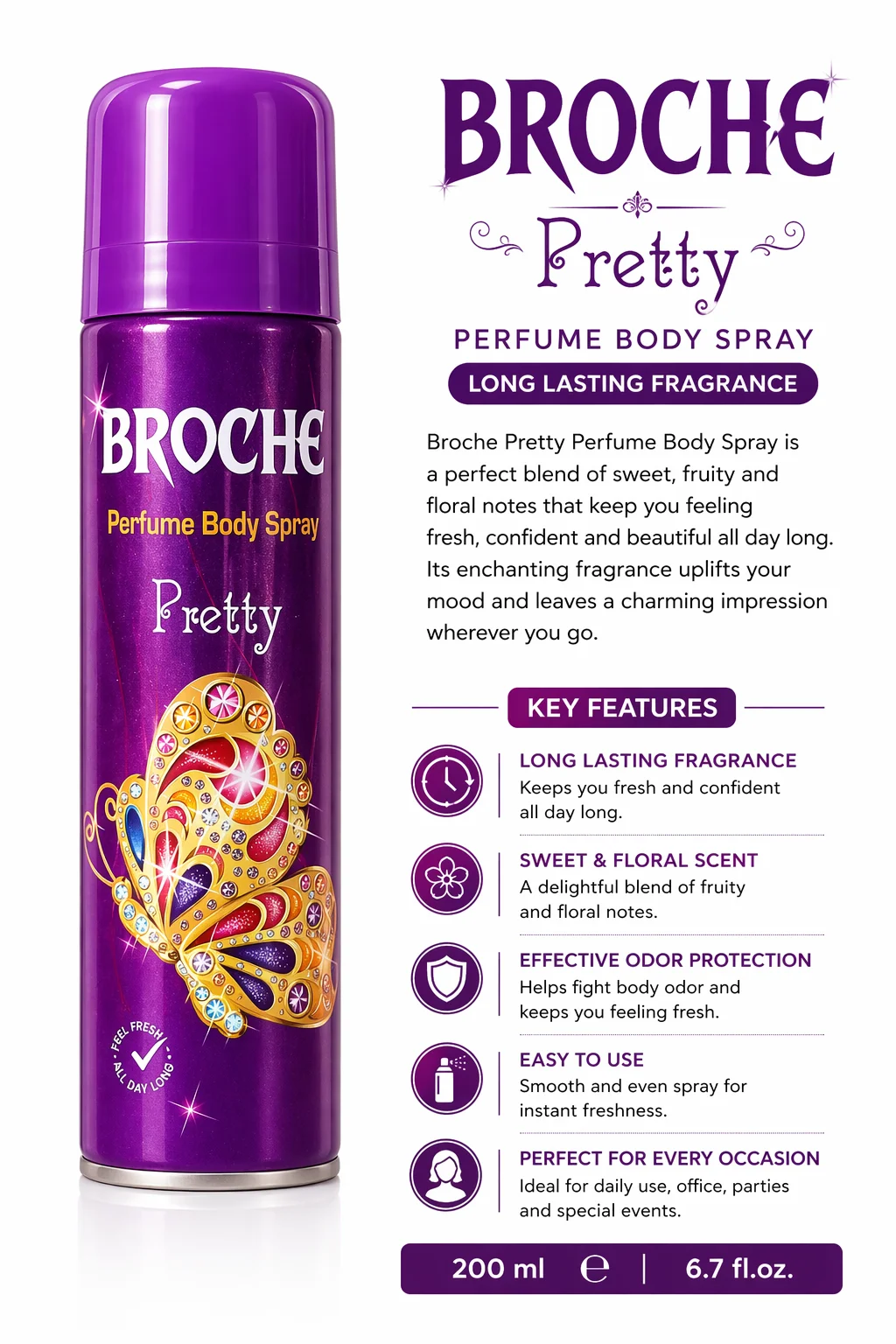 Broche Pretty Perfume Body Spray – Long Lasting Floral Fragrance for Women (200ml)
