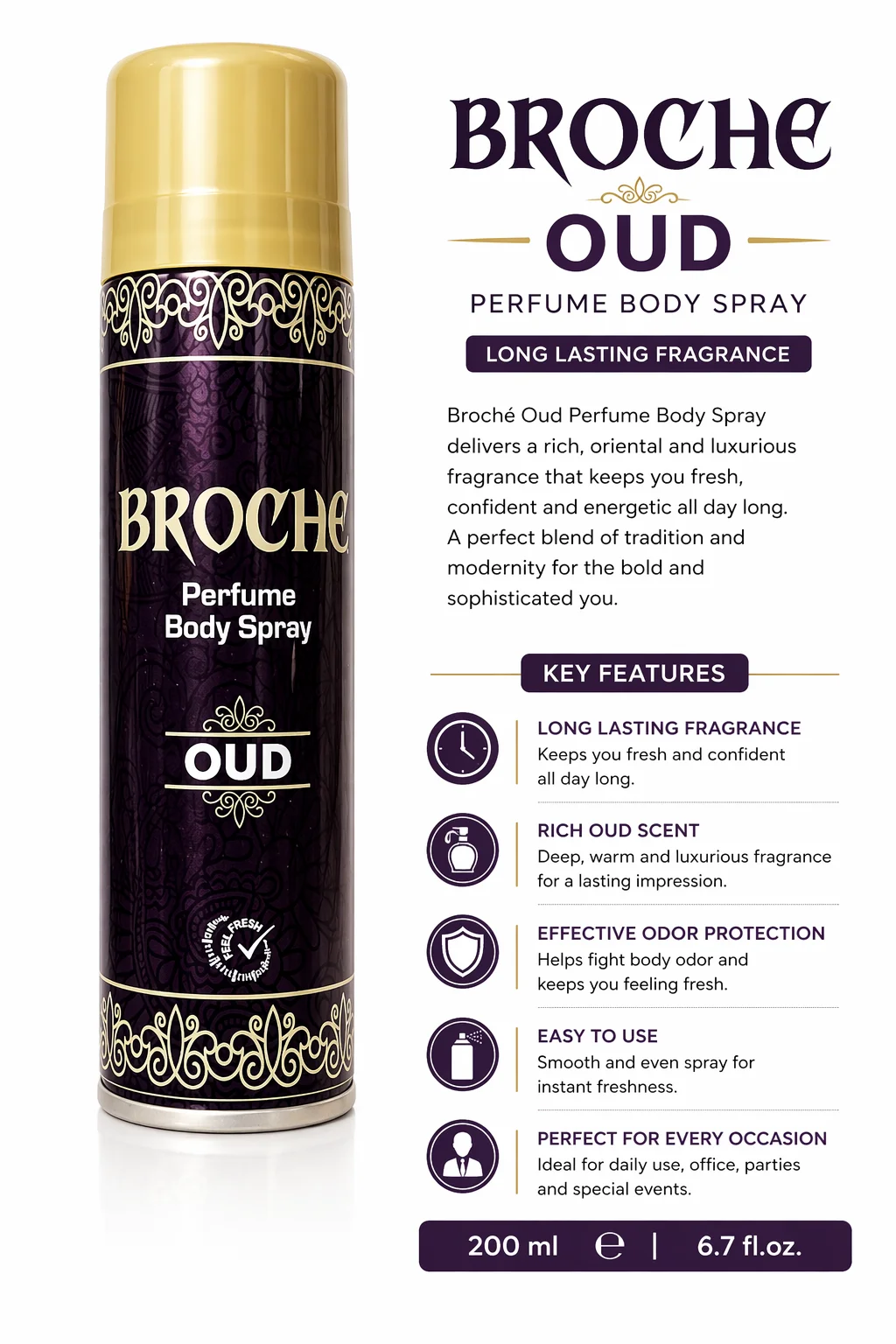 Broché Oud Perfume Body Spray – Long Lasting Luxury Fragrance (200ml)