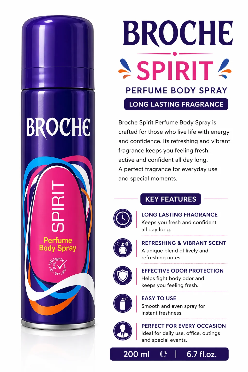 Broche Spirit Perfume Body Spray – Fresh & Long Lasting Fragrance (200ml)