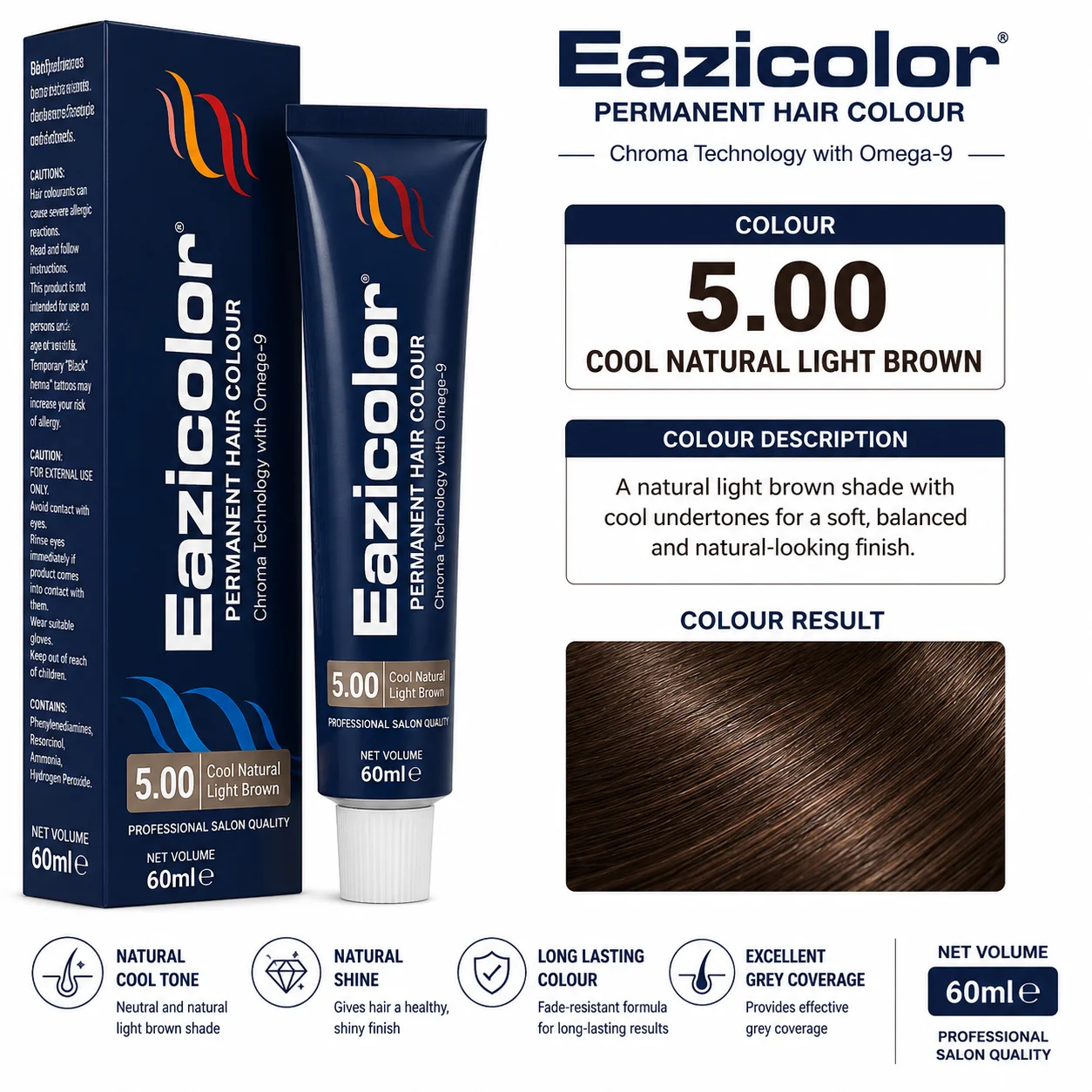 Eazicolor 5.00 Cool Natural Light Brown Permanent Hair Colour – 60ml