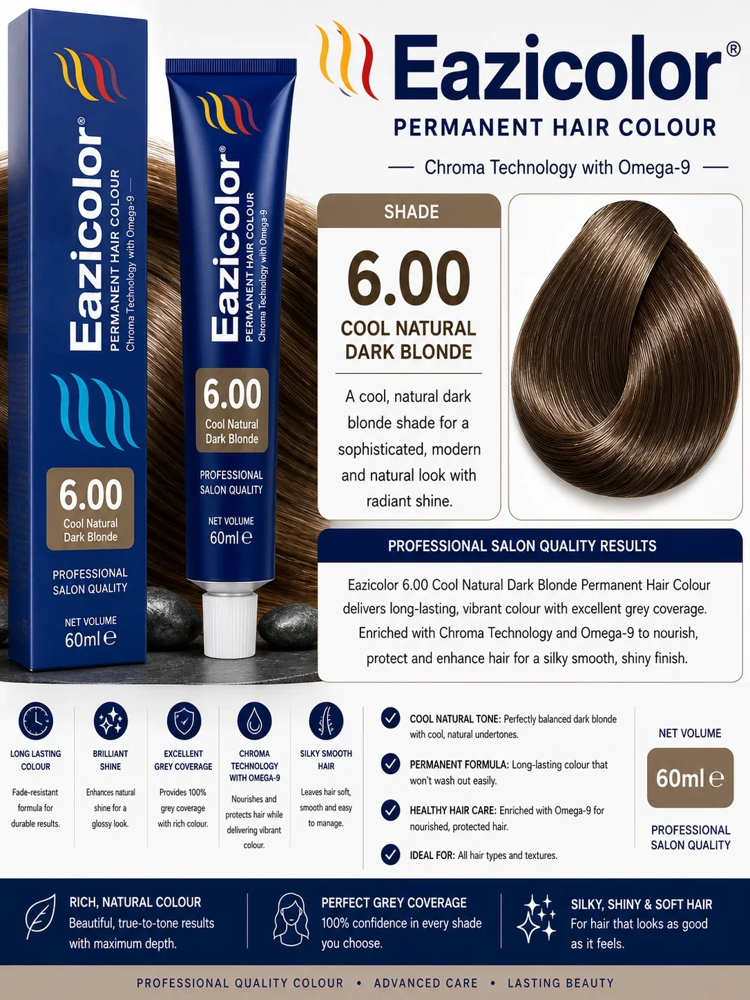 Eazicolor 6.00 Cool Natural Dark Blonde Permanent Hair Colour 60ml