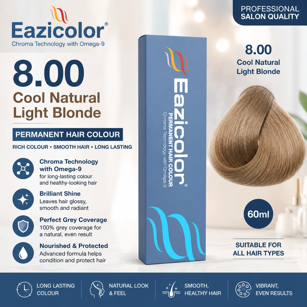 Eazicolor 8.00 Cool Natural Light Blonde Permanent Hair Colour | 60ml